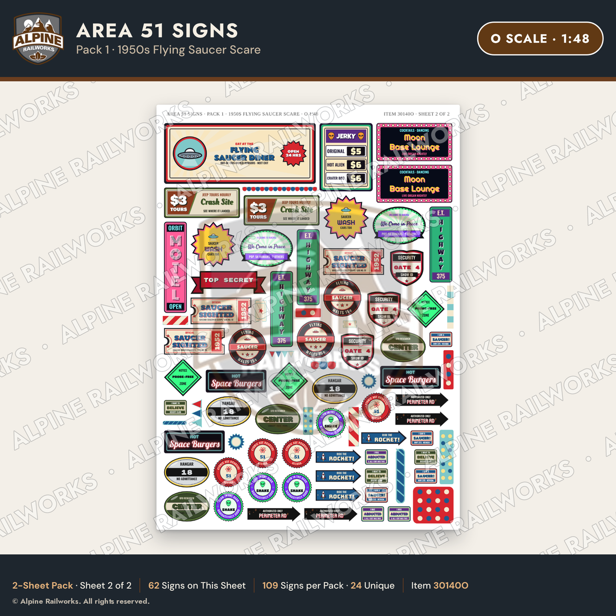 Alpine Railworks 30140O O Scale Area 51 Signs - Flying Saucer Scare