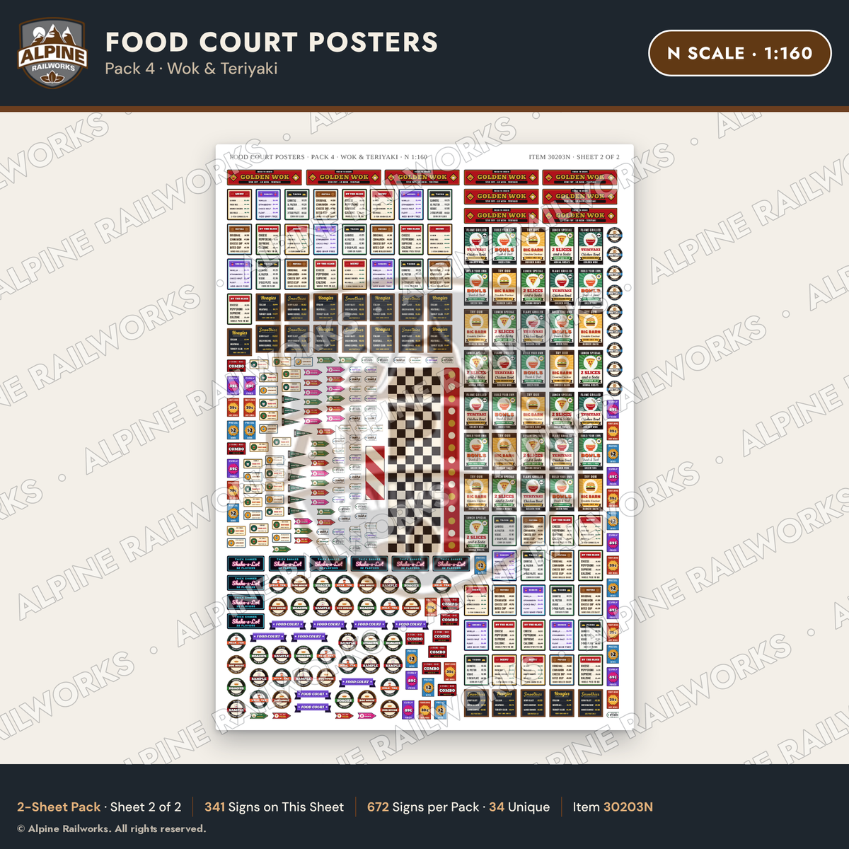 Alpine Railworks 30203N N Scale Food Court Posters - Wok & Teriyaki