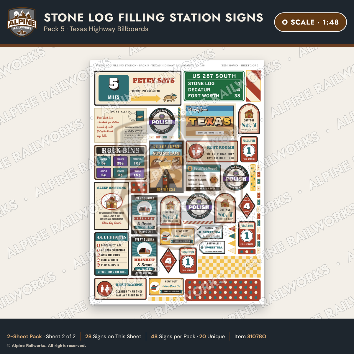 Alpine Railworks 31078O O Scale Roadside Signs - Petrified Wood