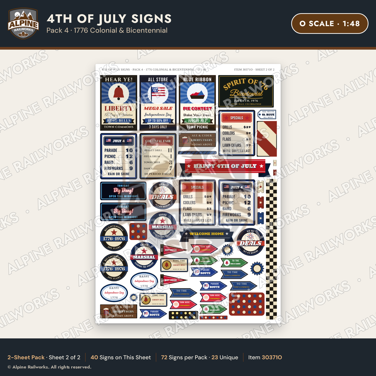 Alpine Railworks 30371O O Scale 4th of July Signs - 1776 Colonial