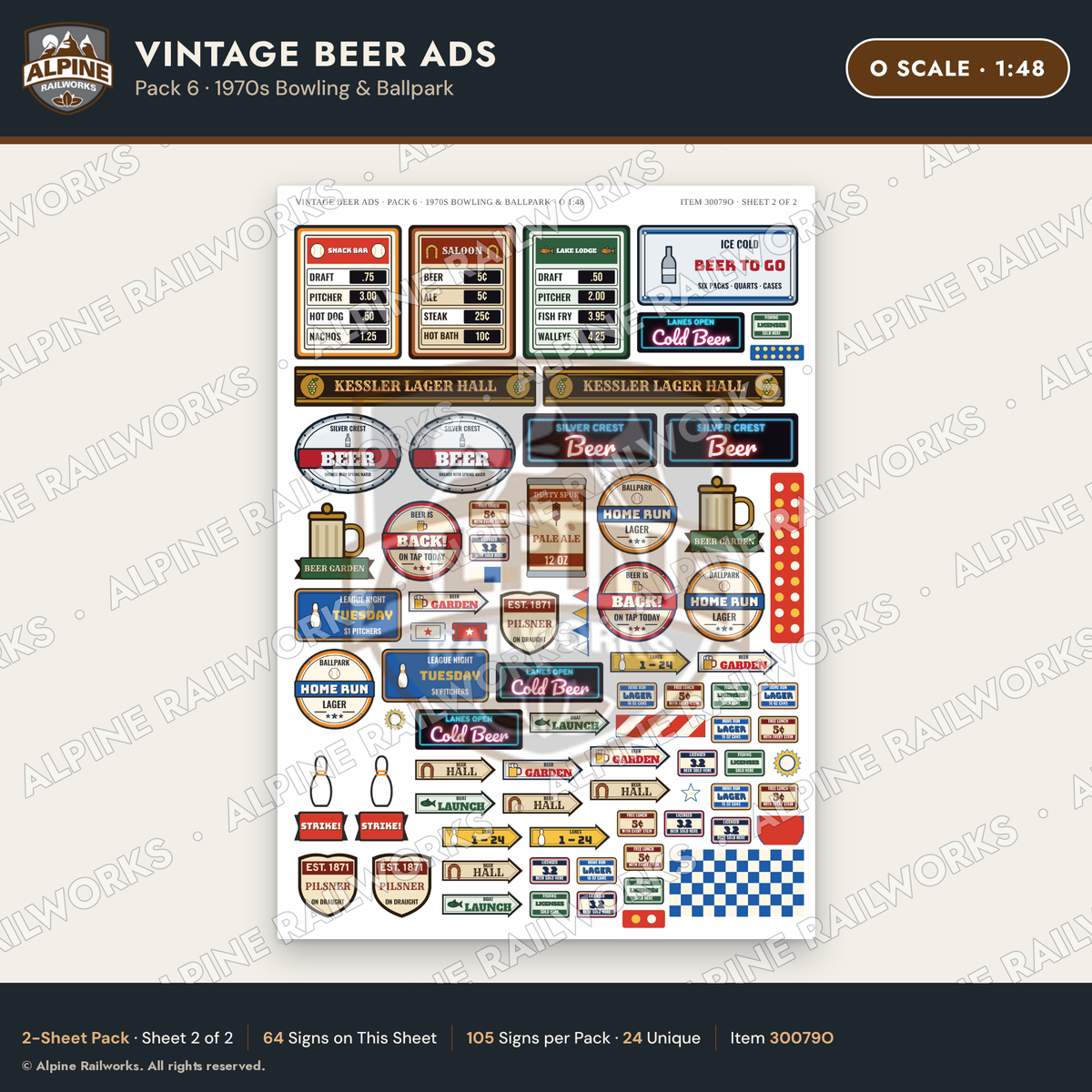 Alpine Railworks 30079O O Scale Vintage Beer Ads - 1970s Bowling