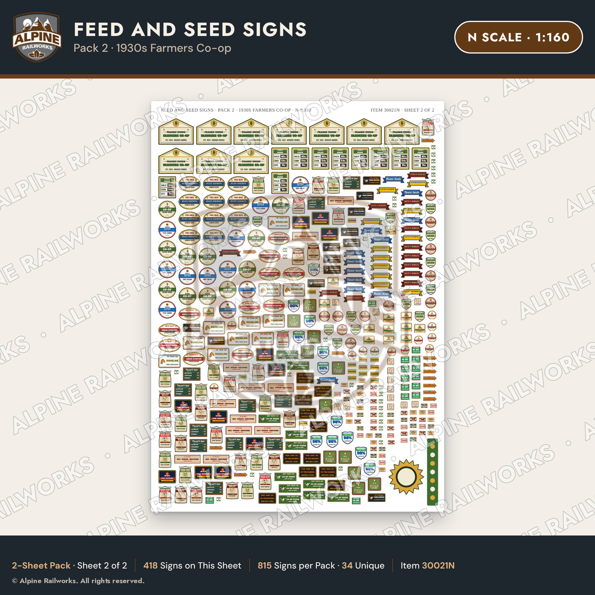 Alpine Railworks 30021N N Scale Feed and Seed Signs - Farmers Co-op