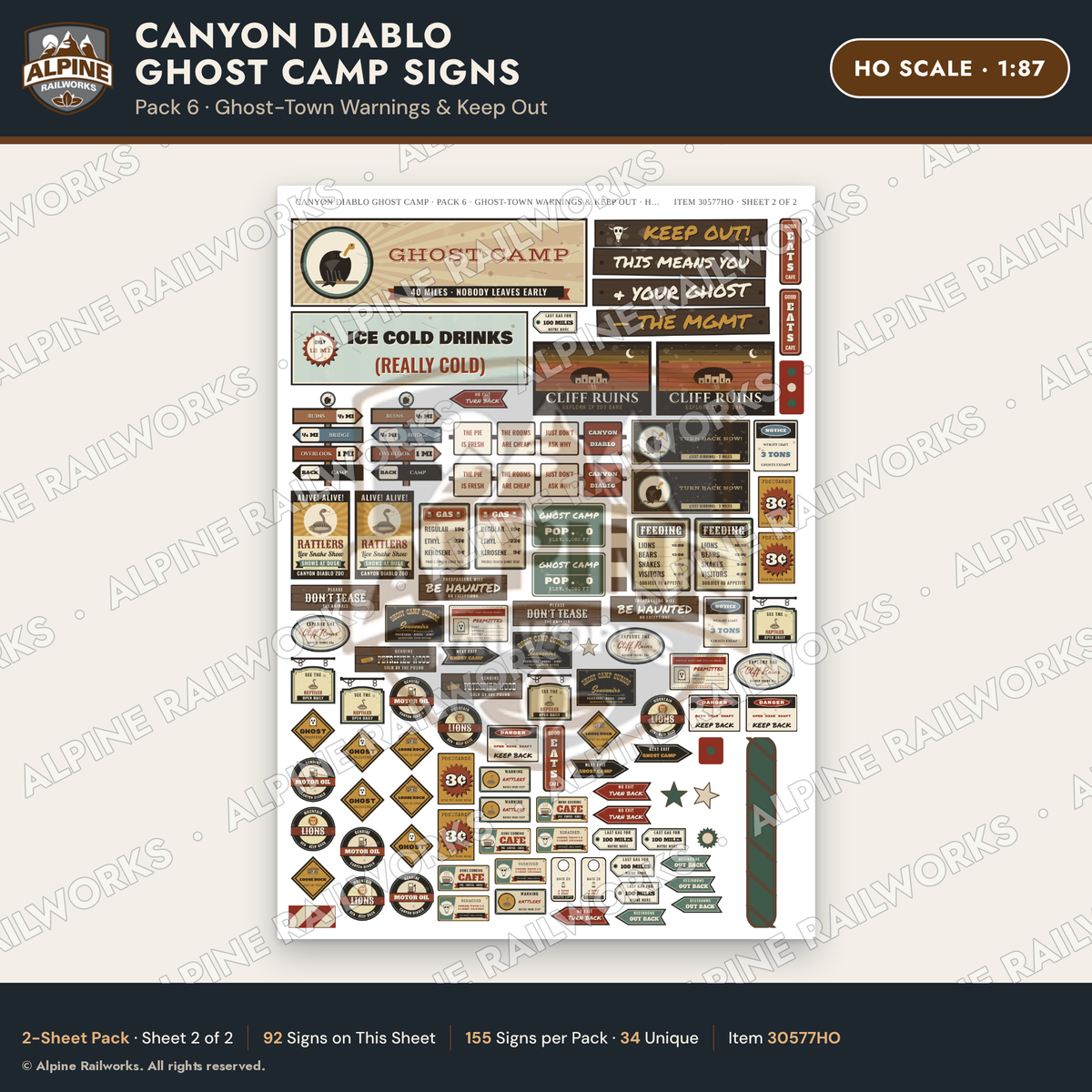 Alpine Railworks 30577HO HO Scale Roadside Signs - Desert Ghost Town