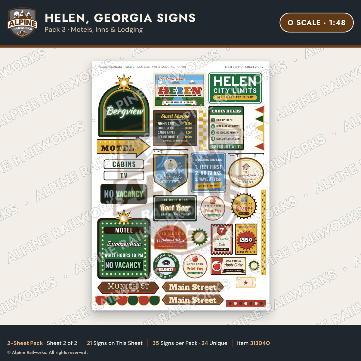 Alpine Railworks 31304O O Scale Helen GA Signs - Motels & Inns