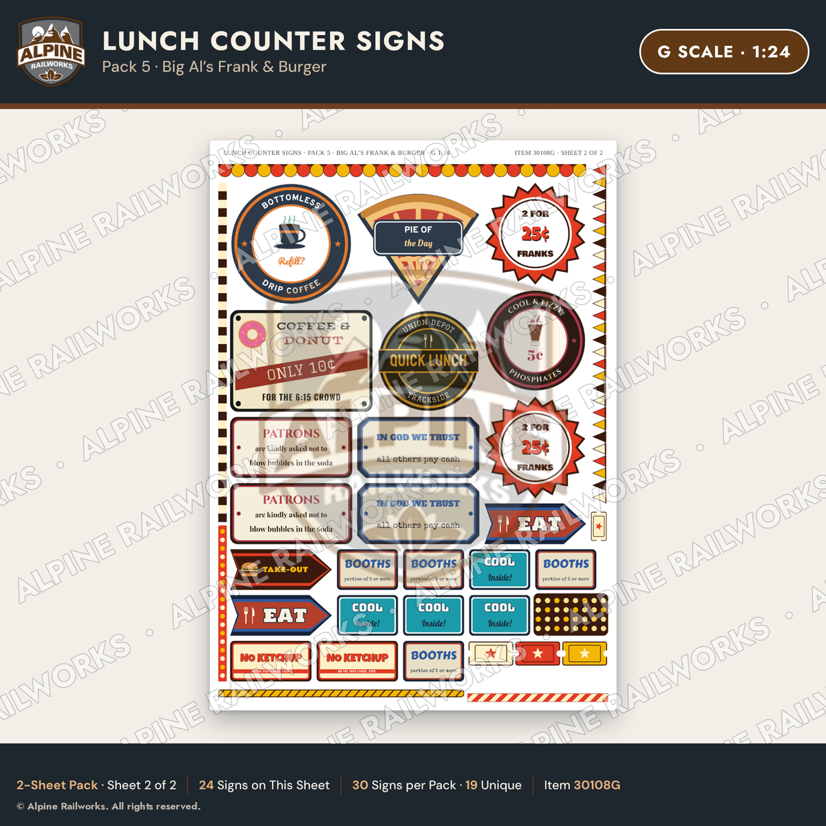 Alpine Railworks 30108G G Scale Lunch Counter Signs - Big Al's Frank