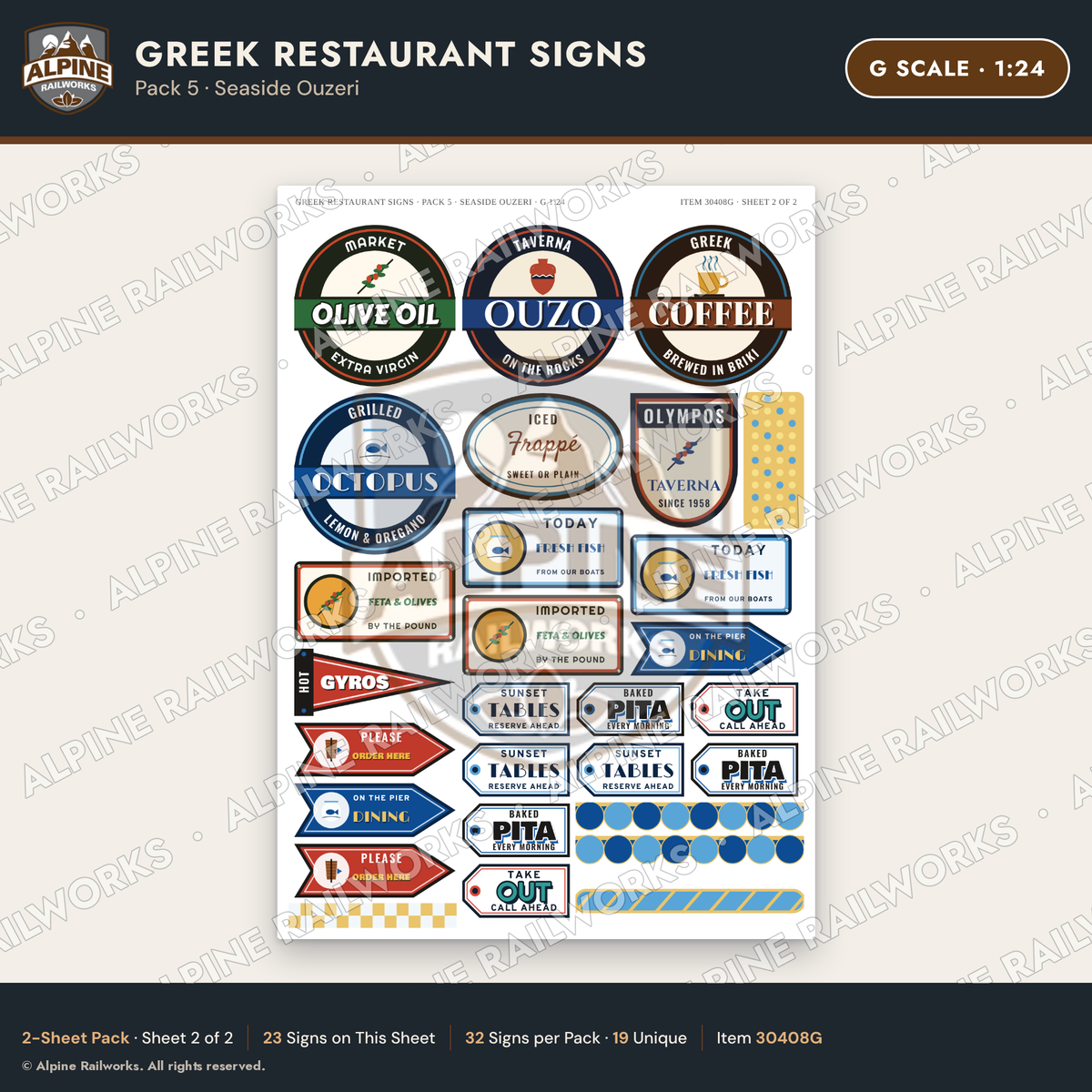 Alpine Railworks 30408G G Scale Greek Restaurant Signs