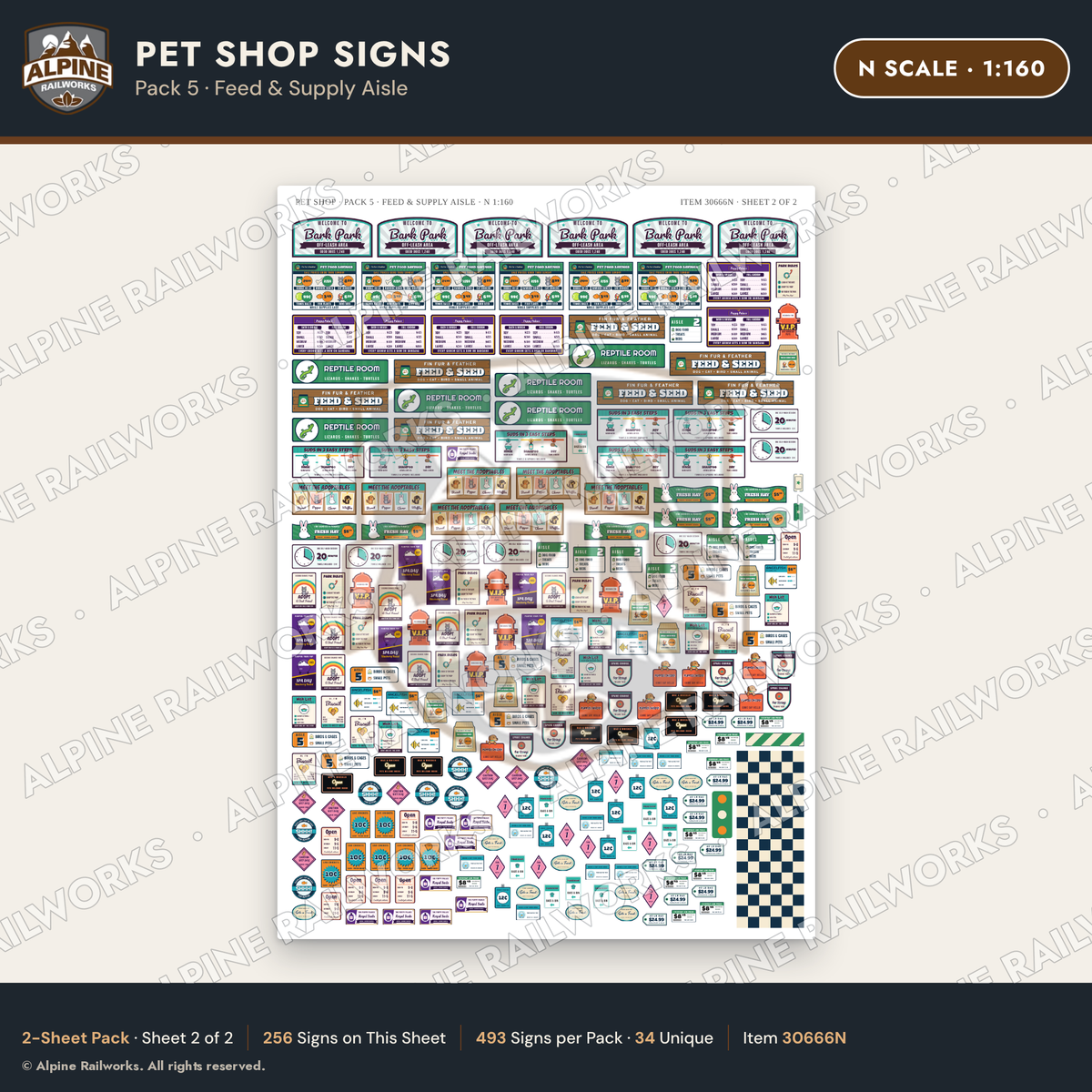 Alpine Railworks 30666N N Scale Pet Shop Signs - Feed & Supply Aisle