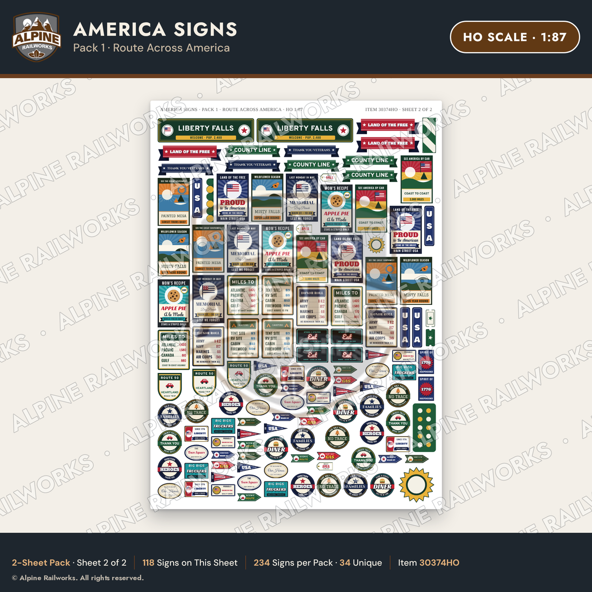 Alpine Railworks 30374HO HO Scale America Signs - Route Across America