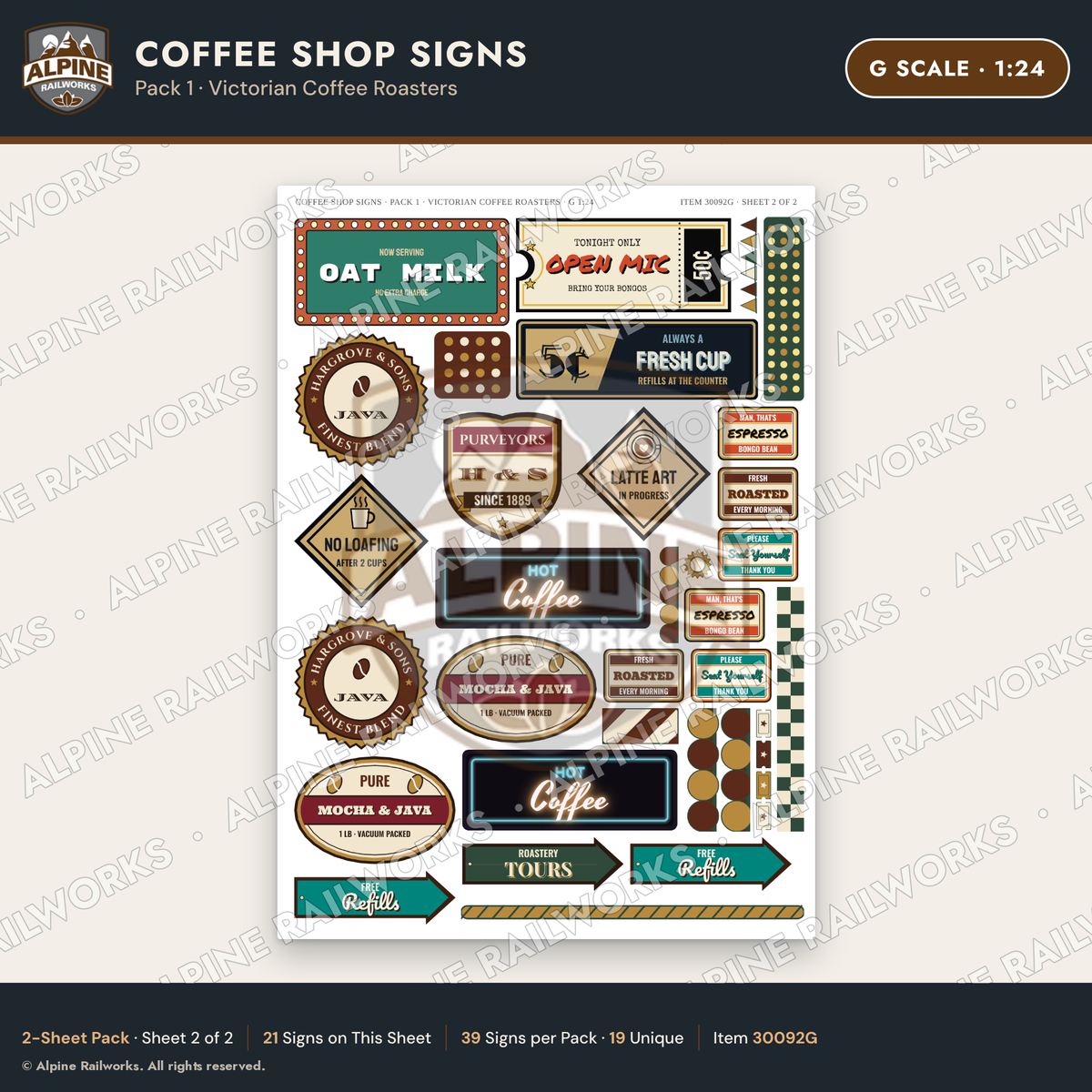 Alpine Railworks 30092G G Scale Coffee Shop Signs