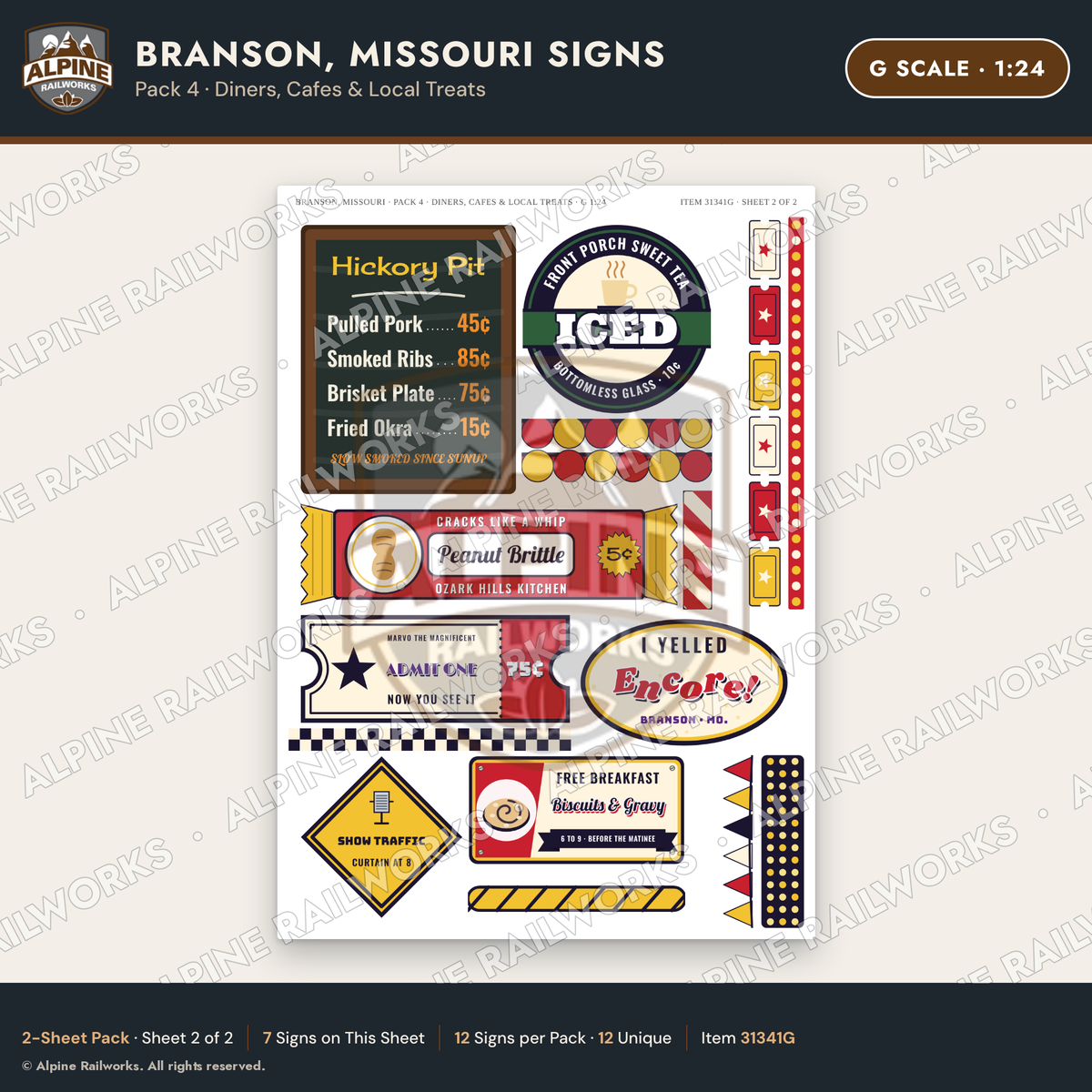 Alpine Railworks 31341G G Scale Branson MO Signs - Diners & Cafes