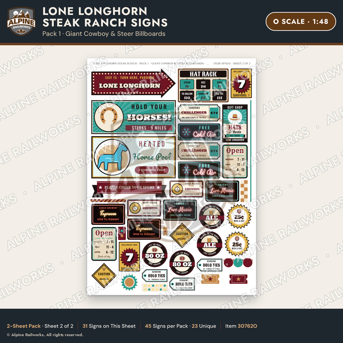 Alpine Railworks 30762O O Scale Roadside Signs - Big Steakhouse