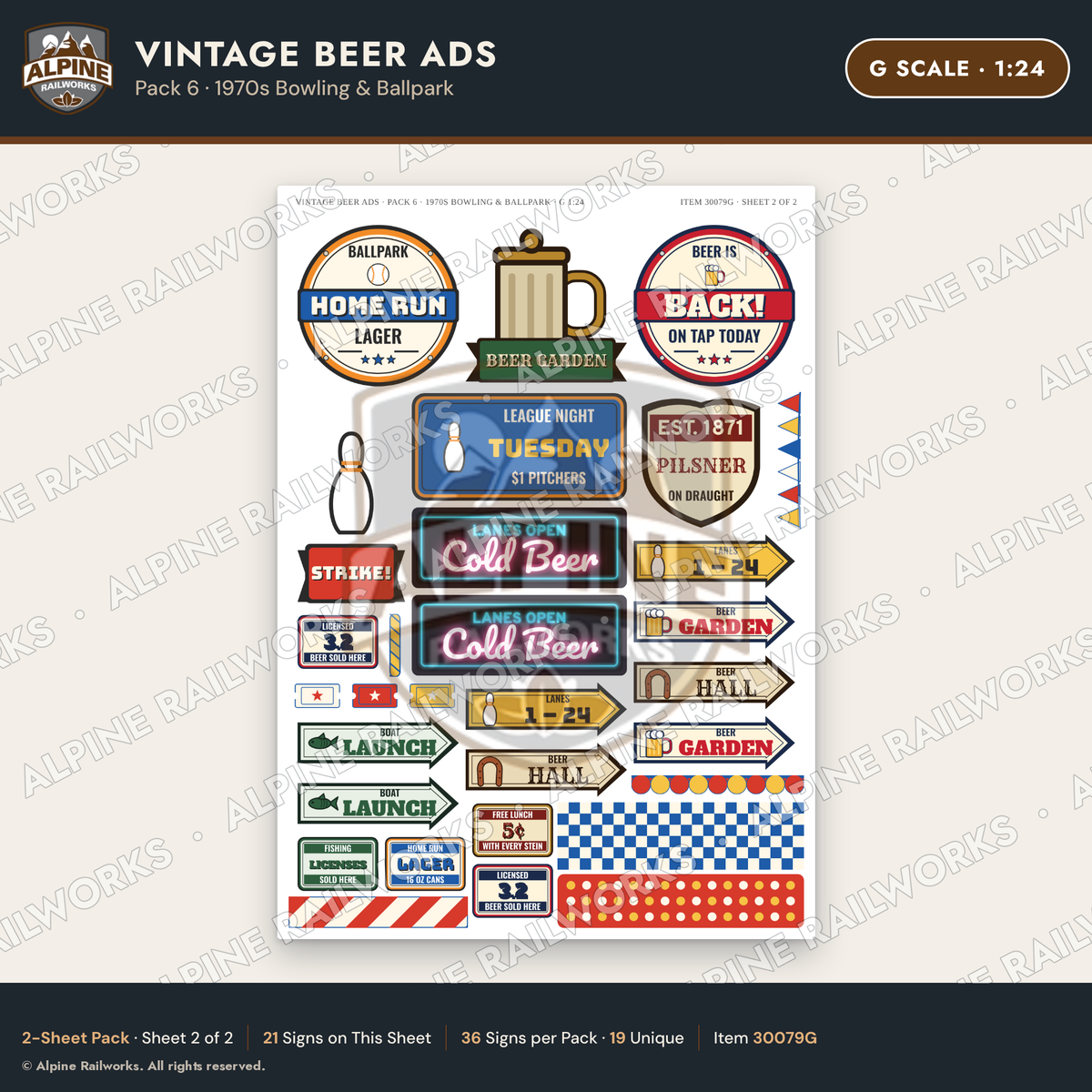 Alpine Railworks 30079G G Scale Vintage Beer Ads - 1970s Bowling