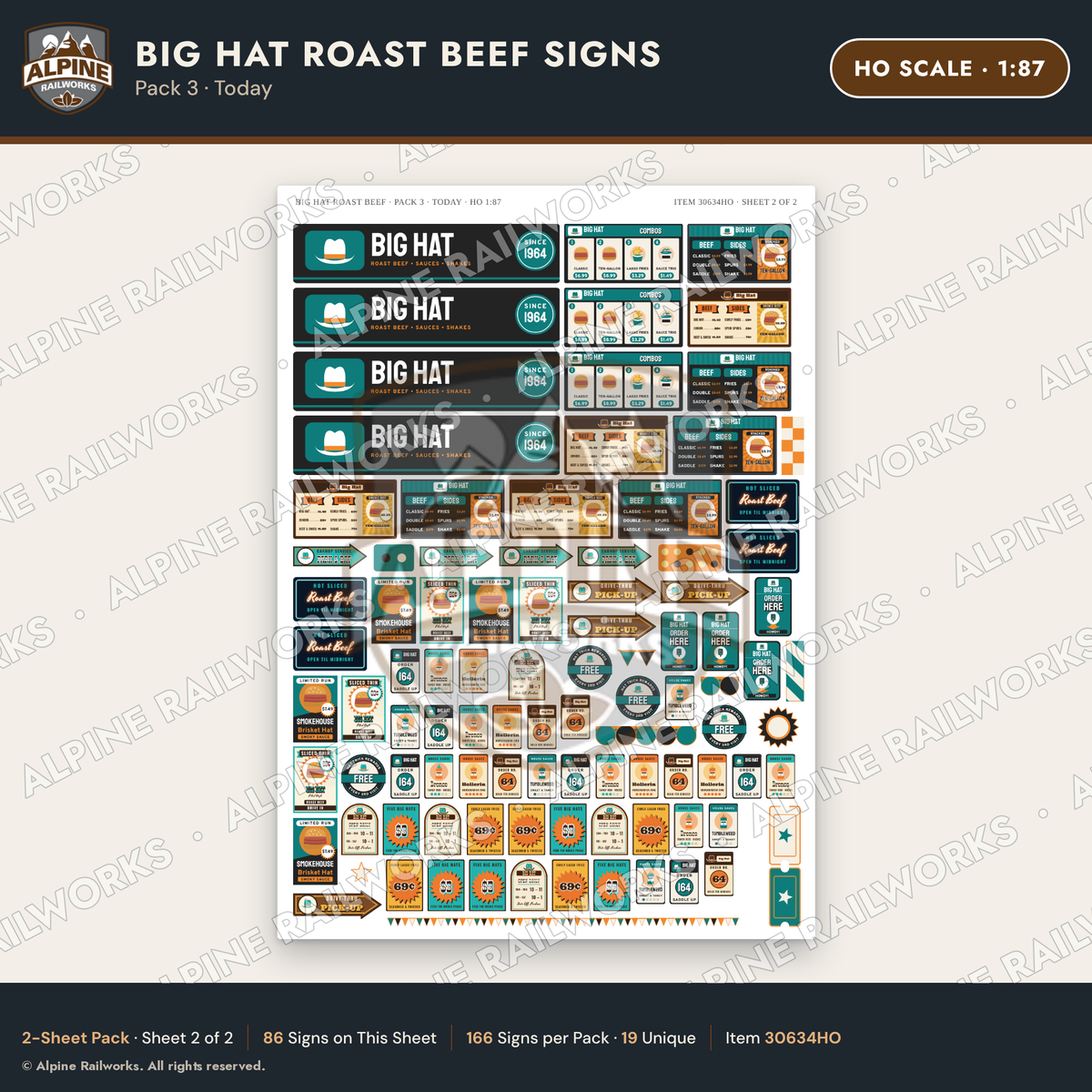 Alpine Railworks 30634HO HO Scale Fast Food Signs - Western Roast Beef