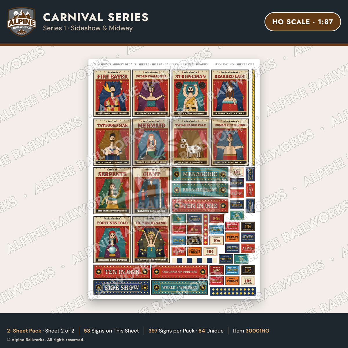 Alpine Railworks 30001HO HO Scale Carnival Signs - Sideshow & Midway