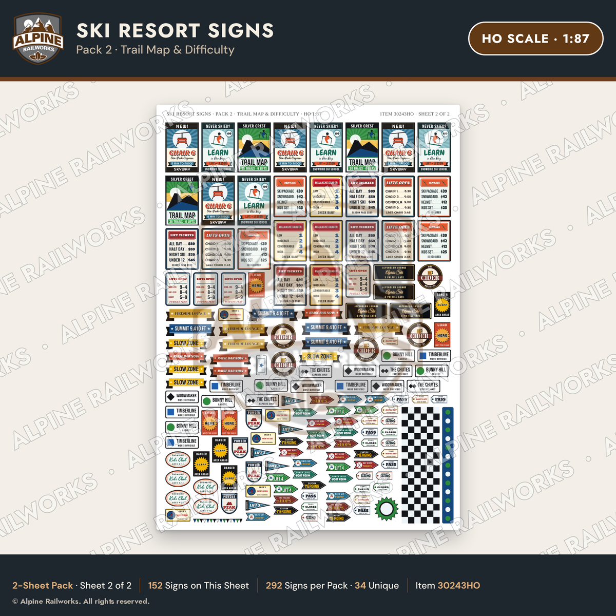Alpine Railworks 30243HO HO Scale Ski Resort Signs - Trail Map