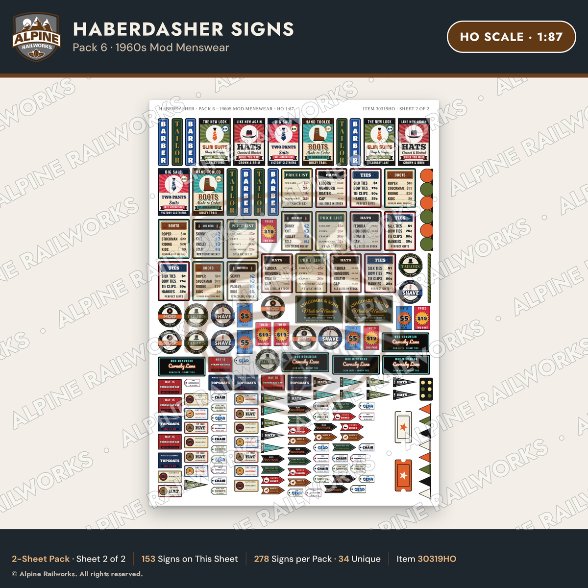 Alpine Railworks 30319HO HO Scale Haberdasher Signs - Mod Menswear