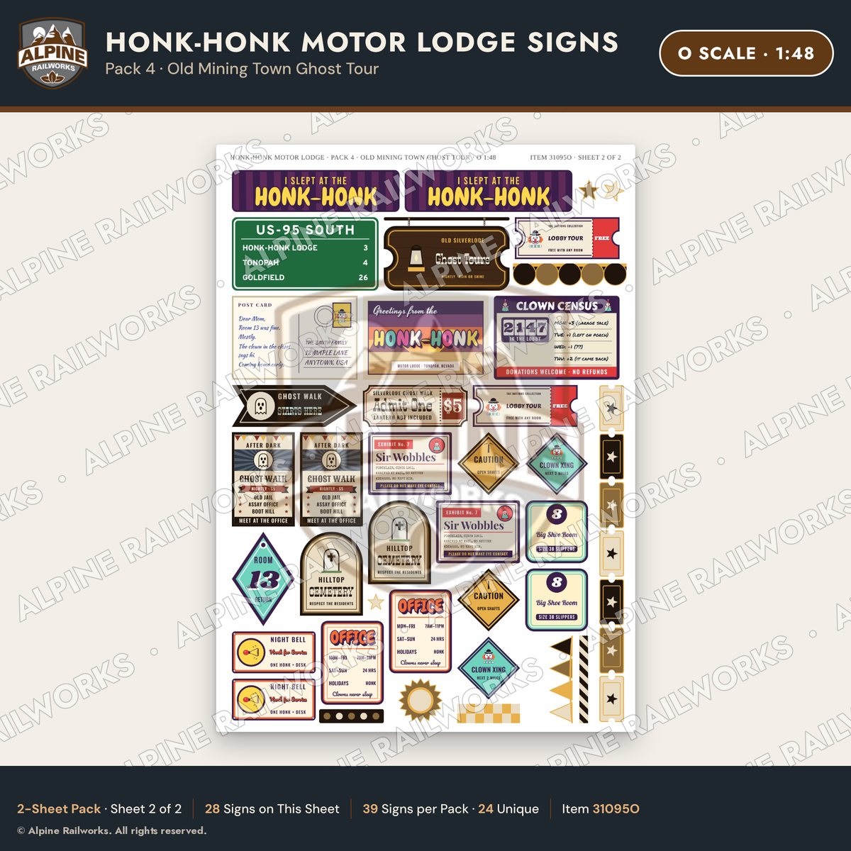 Alpine Railworks 31095O O Scale Roadside Signs - Clown Motel
