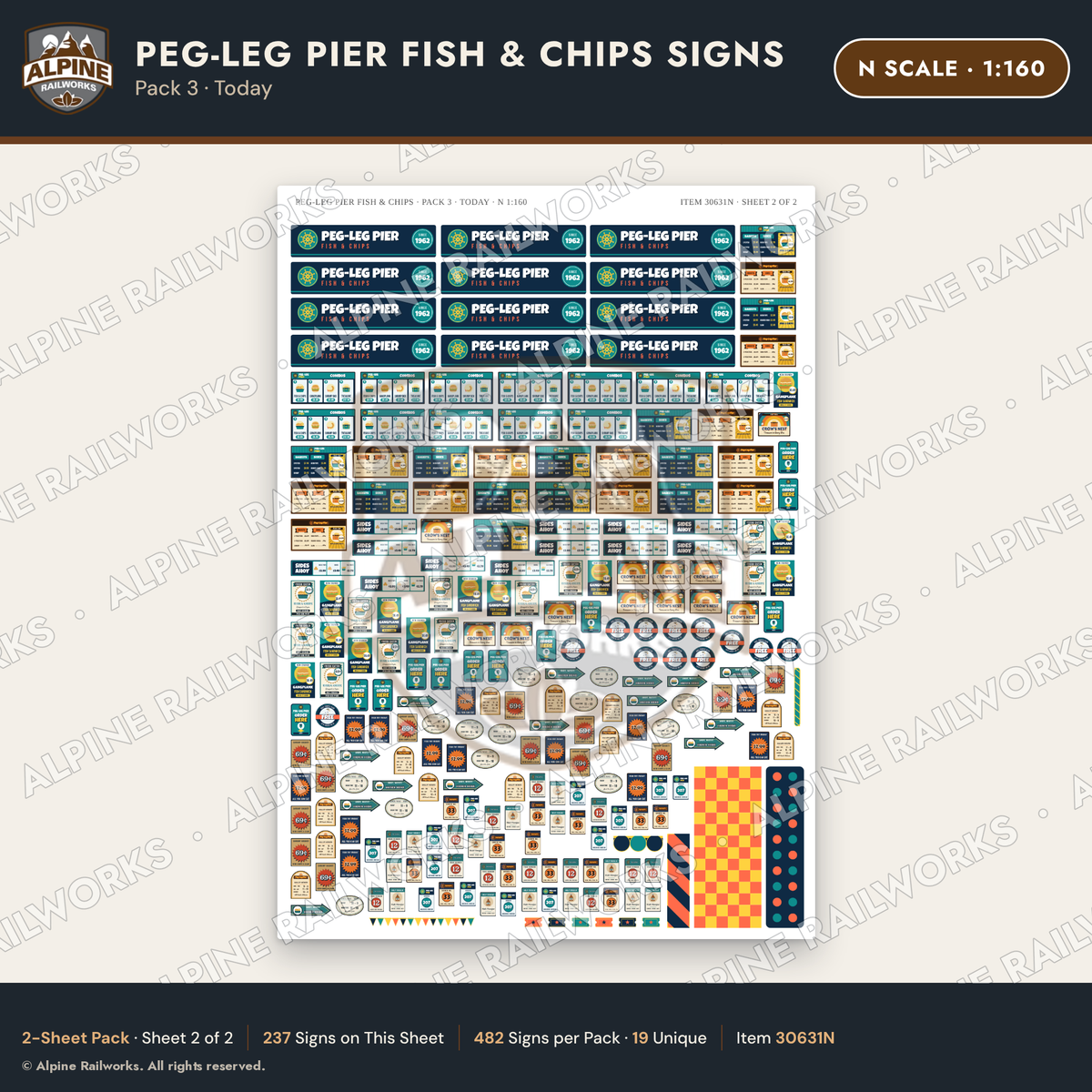 Alpine Railworks 30631N N Scale Fast Food Signs - Fish & Chips - Today