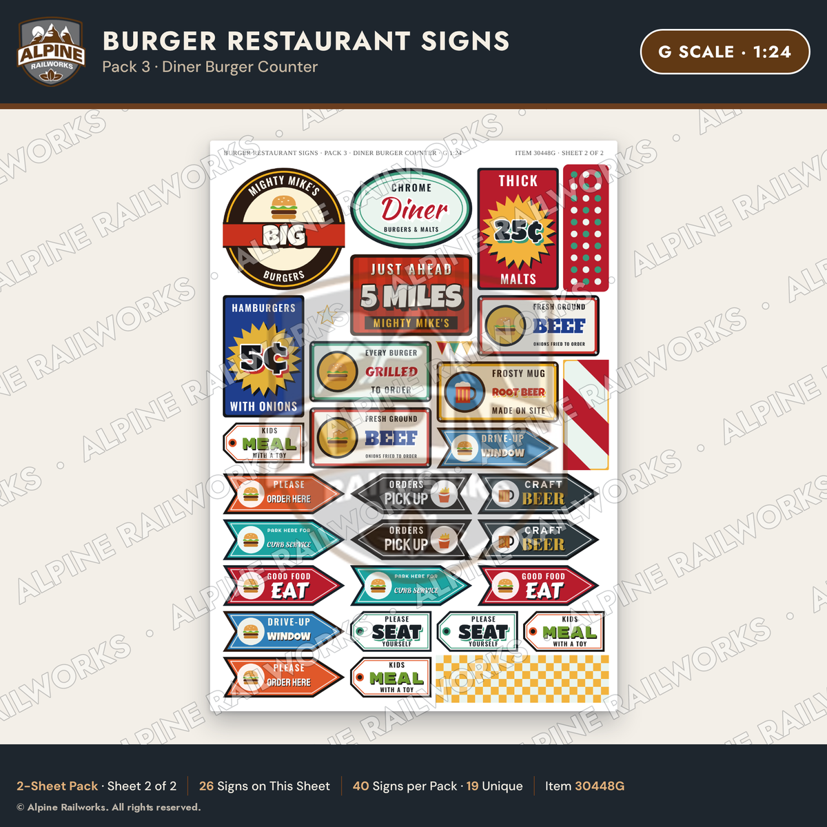 Alpine Railworks 30448G G Scale Burger Restaurant Signs