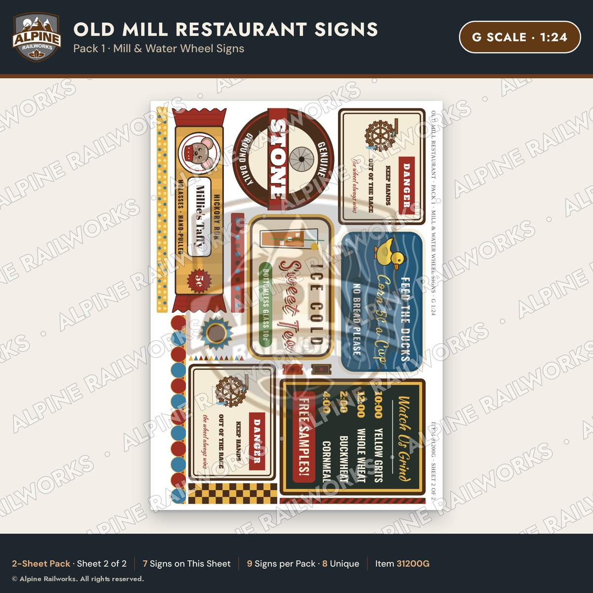Alpine Railworks 31200G G Scale Old Mill Signs - Mill & Water Wheel