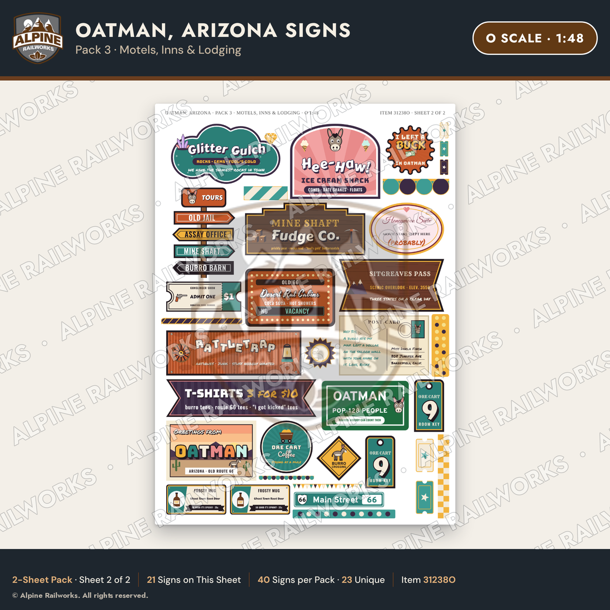 Alpine Railworks 31238O O Scale Oatman AZ Signs - Motels & Inns