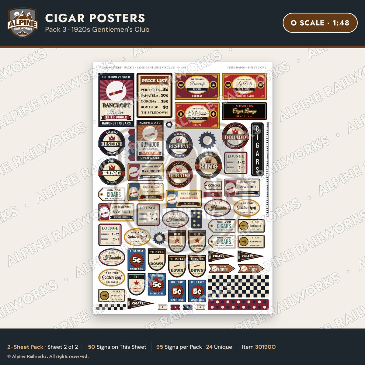 Alpine Railworks 30190O O Scale Cigar Posters - 1920s Gentlemen's Club