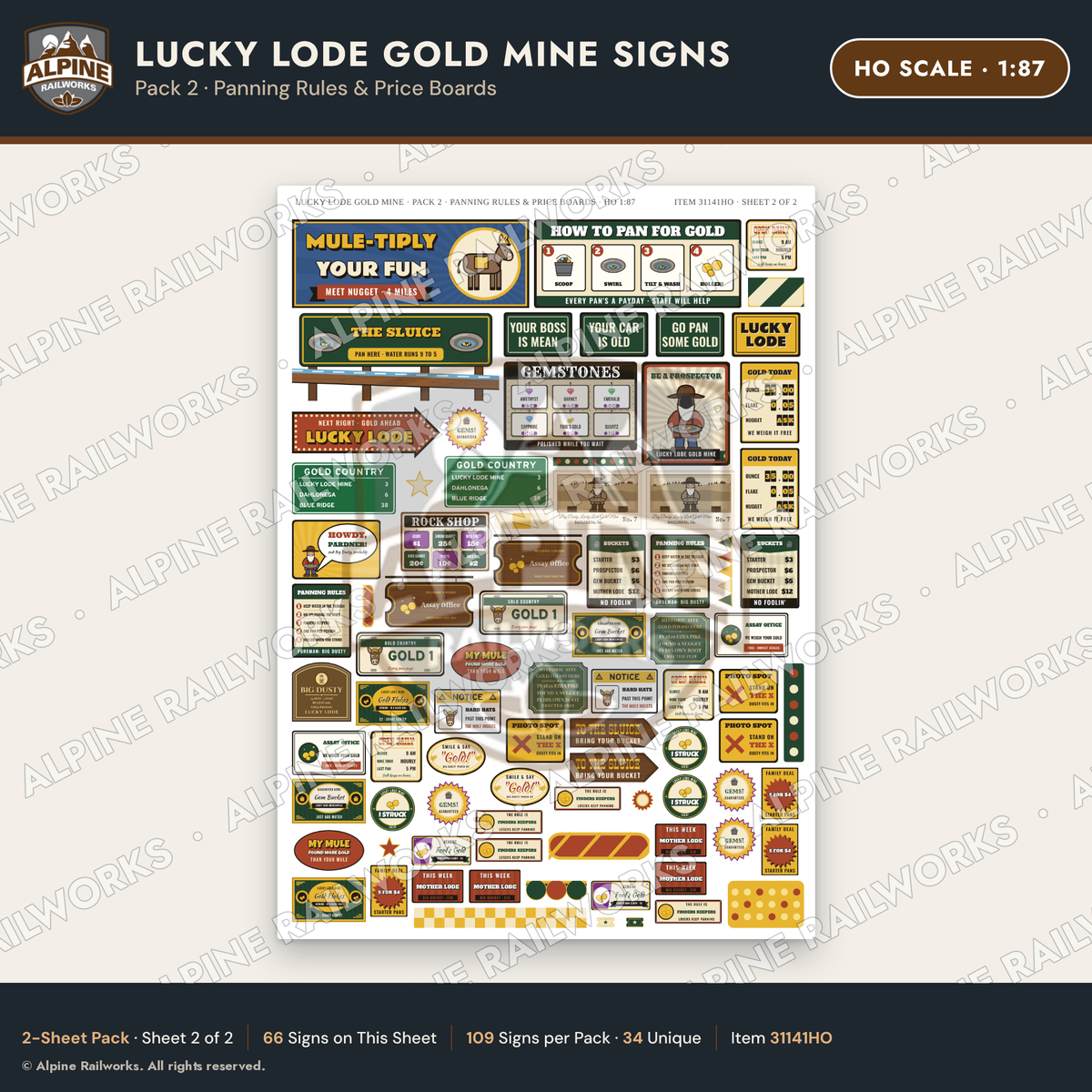 Alpine Railworks 31141HO HO Scale Roadside Signs - Gold Panning Mine