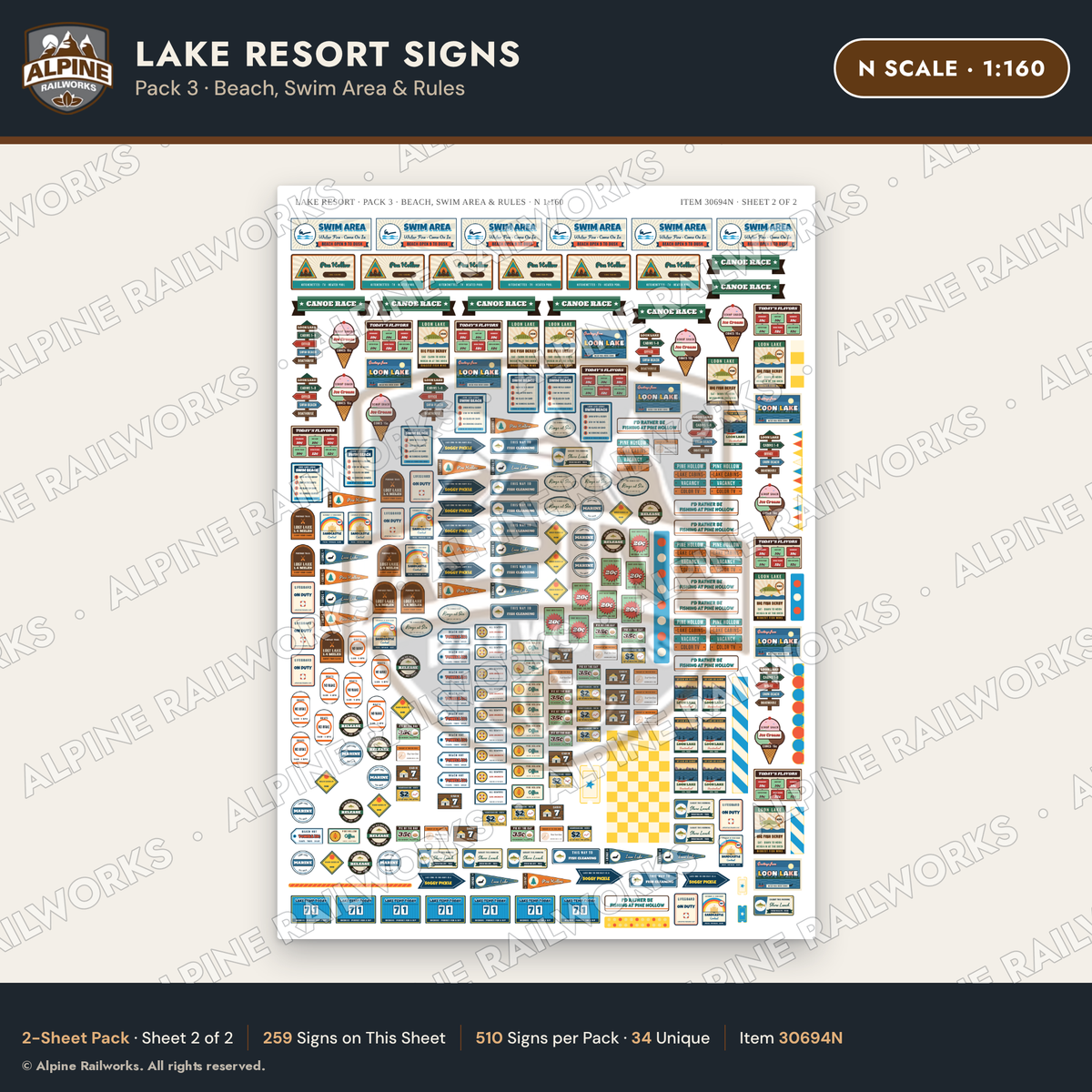 Alpine Railworks 30694N N Scale Lake Resort Signs - Beach & Swim Area