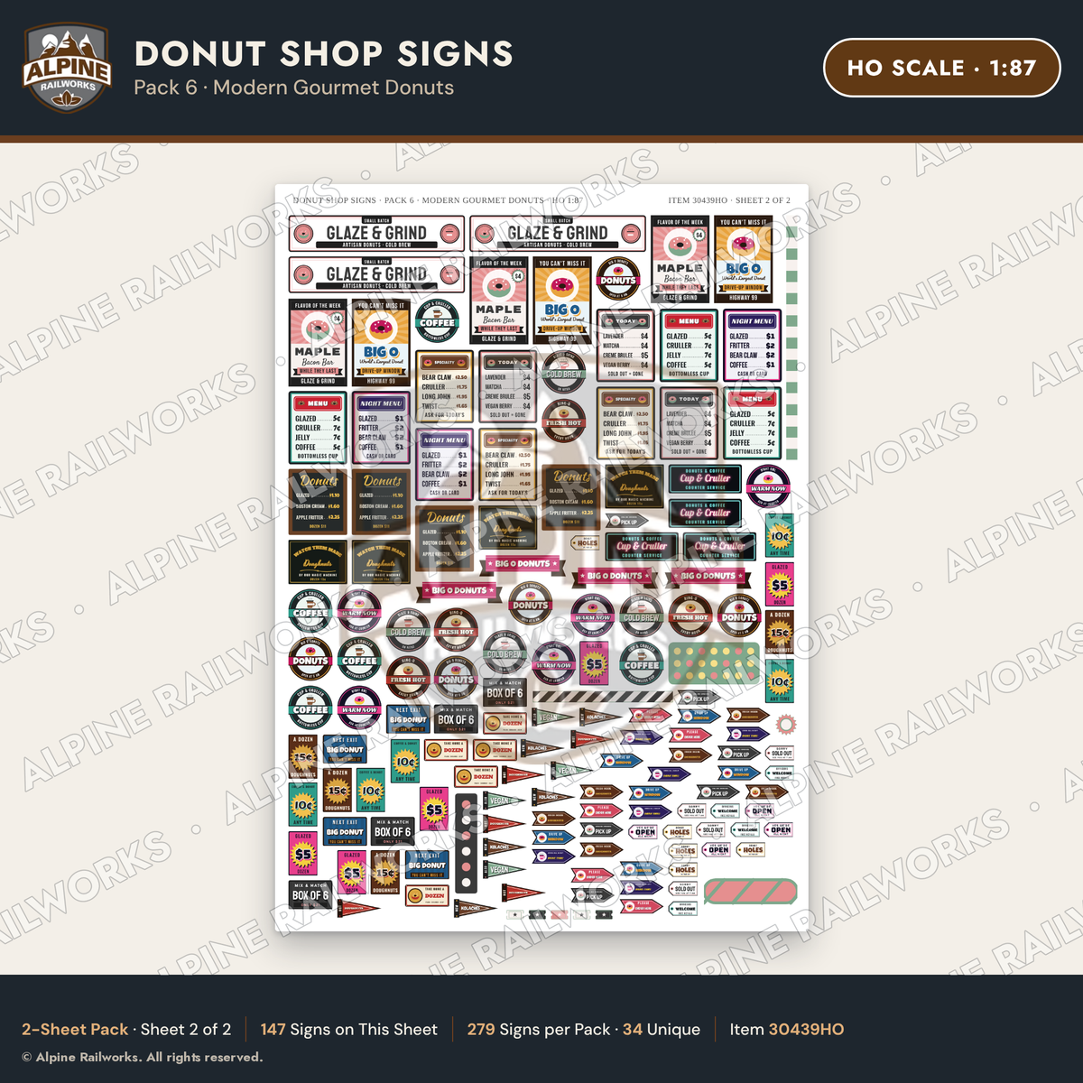 Alpine Railworks 30439HO HO Scale Donut Shop Signs