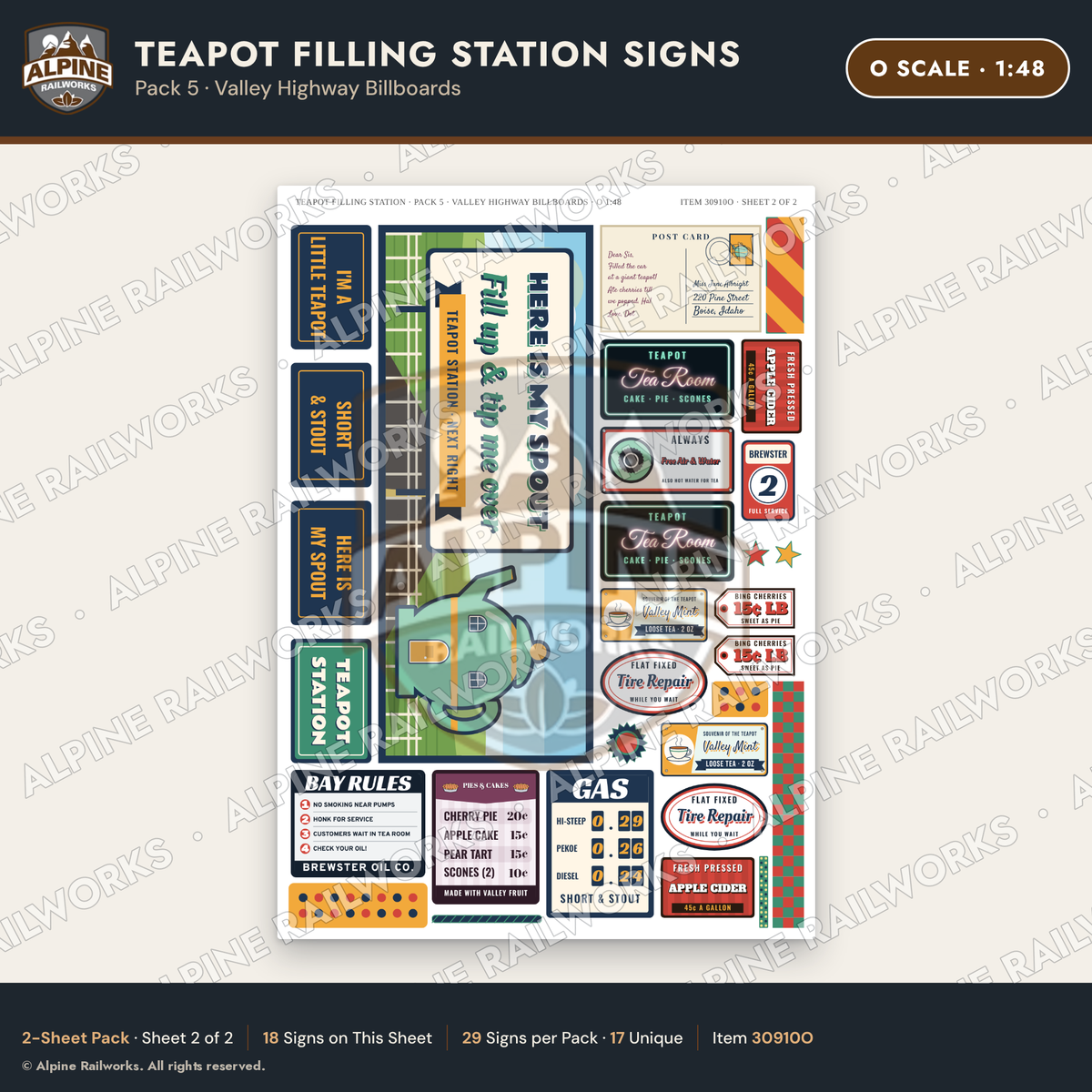 Alpine Railworks 30910O O Scale Roadside Signs - Teapot Gas Station