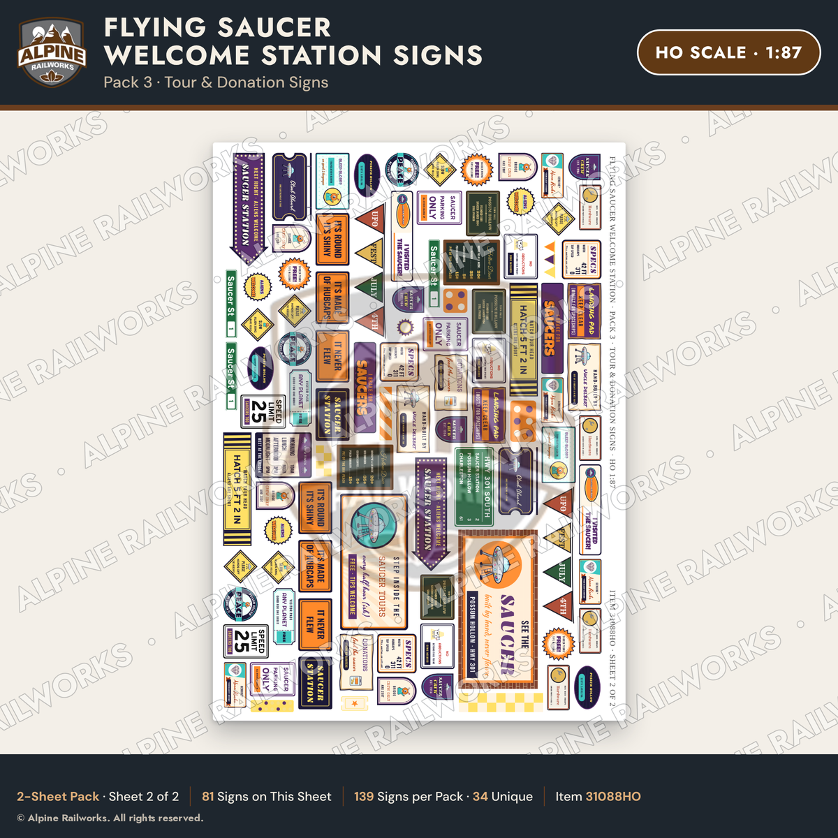 Alpine Railworks 31088HO HO Scale Roadside Signs - UFO Welcome Center