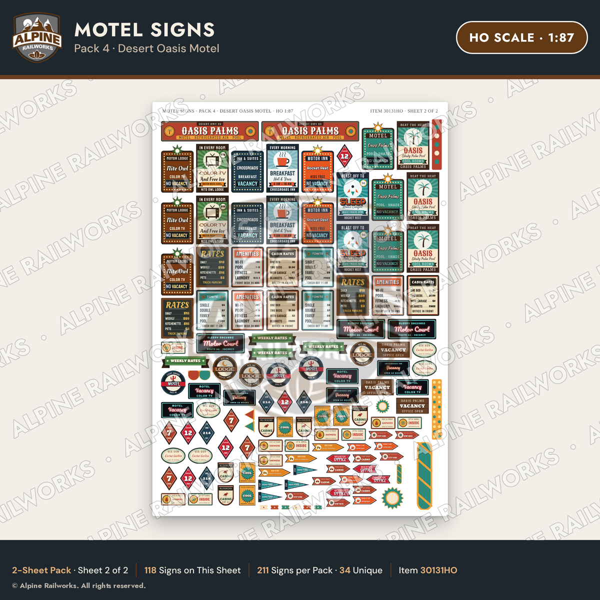 Alpine Railworks 30131HO HO Scale Motel Signs - Desert Oasis Motel