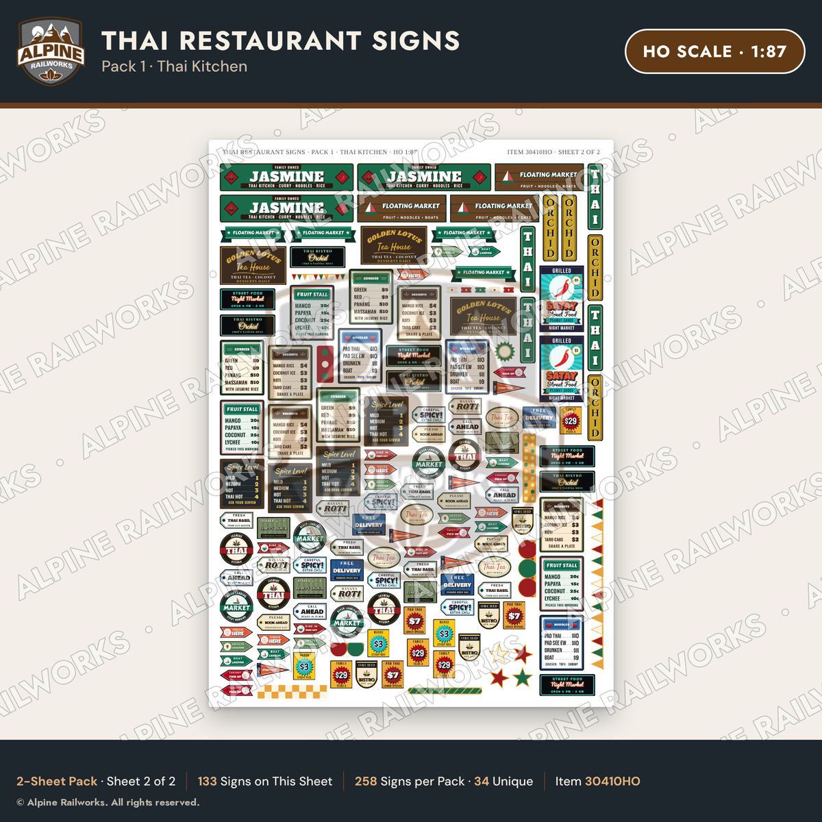 Alpine Railworks 30410HO HO Scale Thai Restaurant Signs - Thai Kitchen
