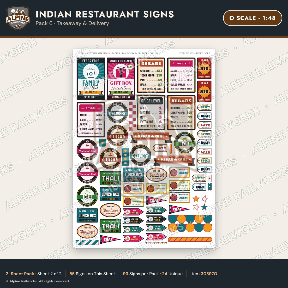 Alpine Railworks 30397O O Scale Indian Restaurant Signs - Takeaway