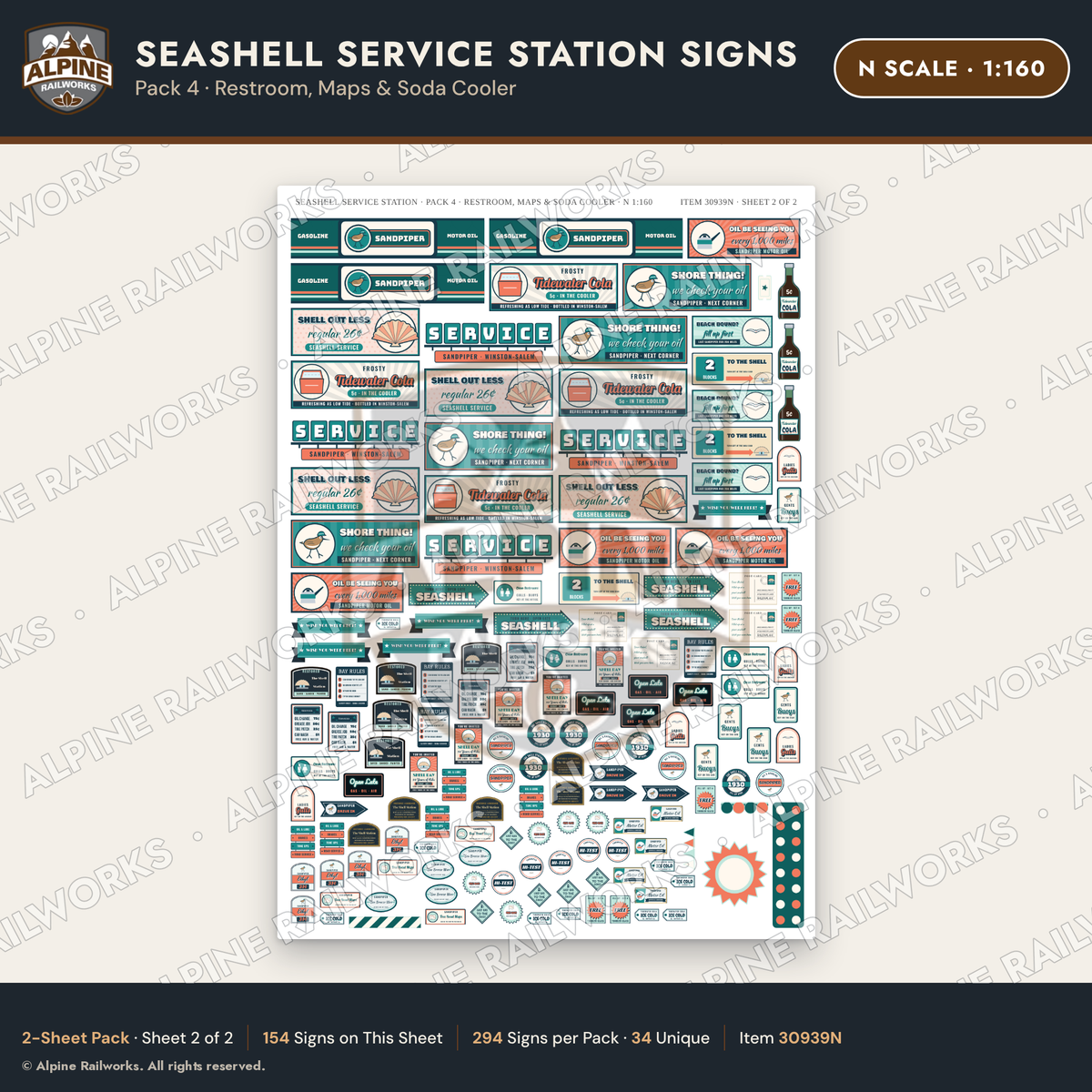 Alpine Railworks 30939N N Scale Roadside Signs - Seashell Gas Station