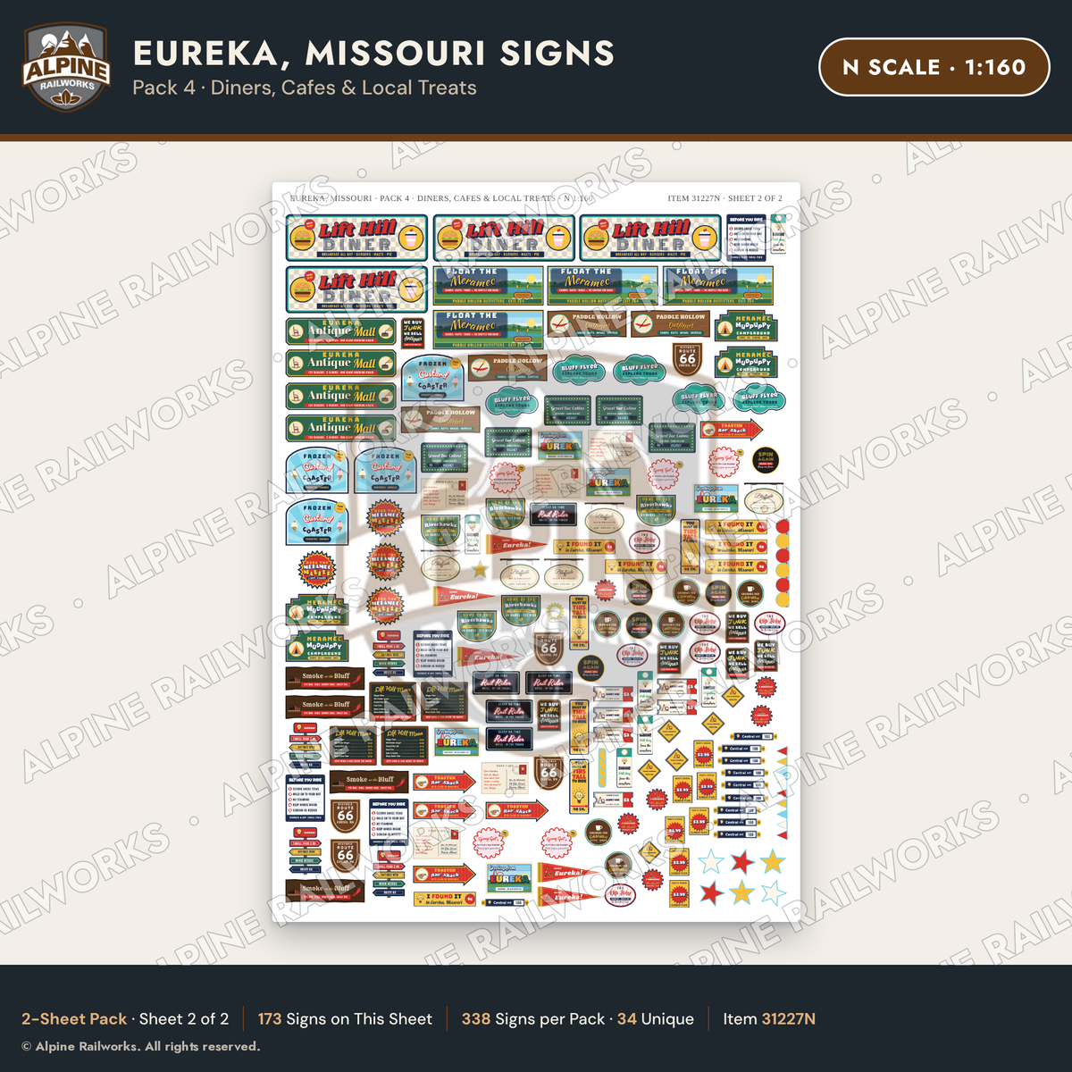 Alpine Railworks 31227N N Scale Eureka MO Signs - Diners & Cafes