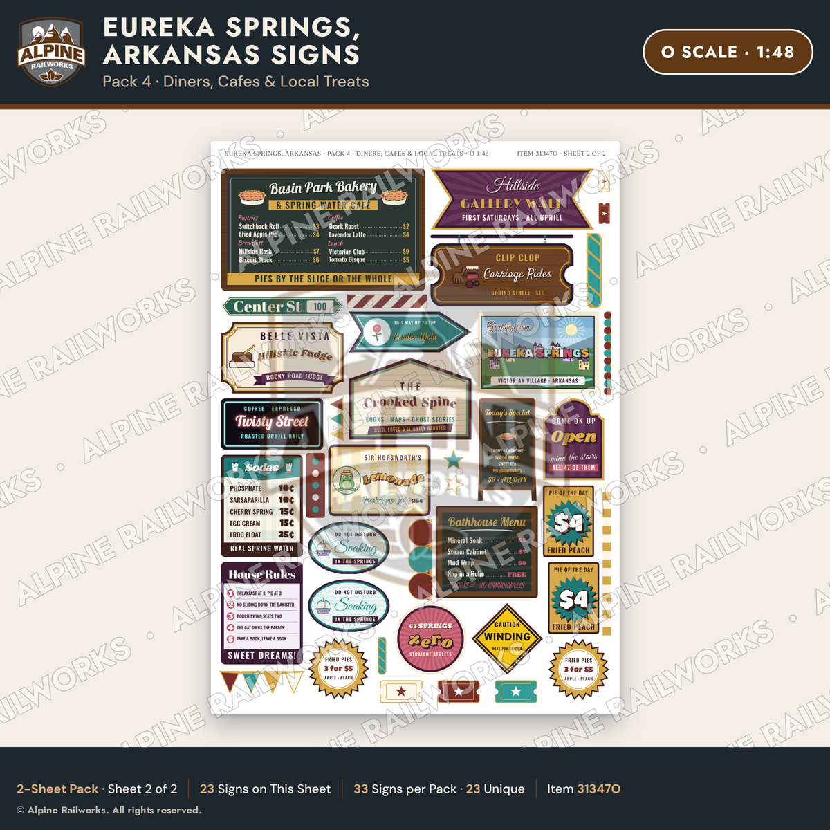 Alpine Railworks 31347O O Scale Eureka Springs Signs - Diners & Cafes