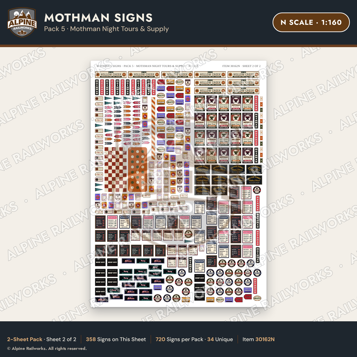 Alpine Railworks 30162N N Scale Mothman Signs - Mothman Night Tours
