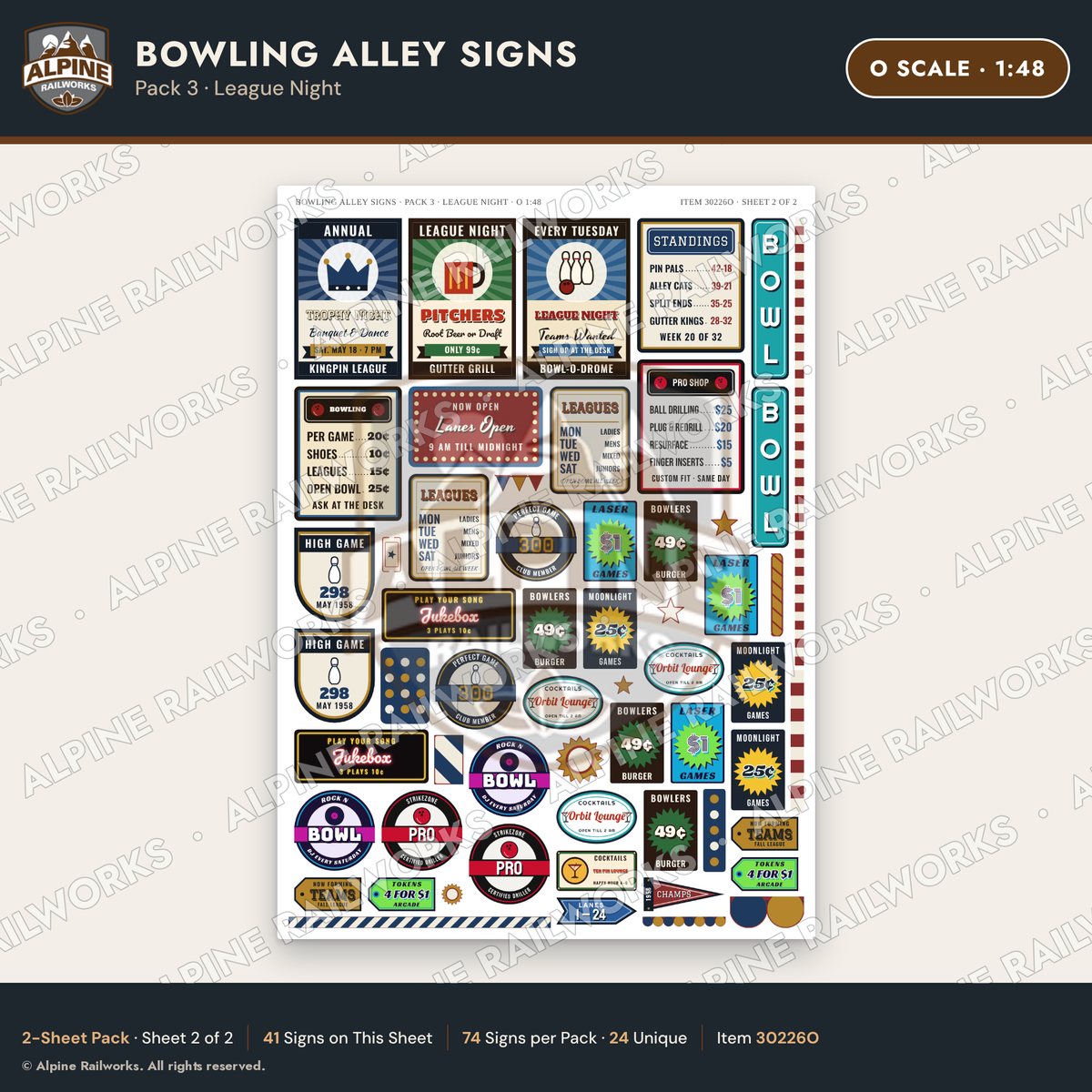 Alpine Railworks 30226O O Scale Bowling Alley Signs - League Night