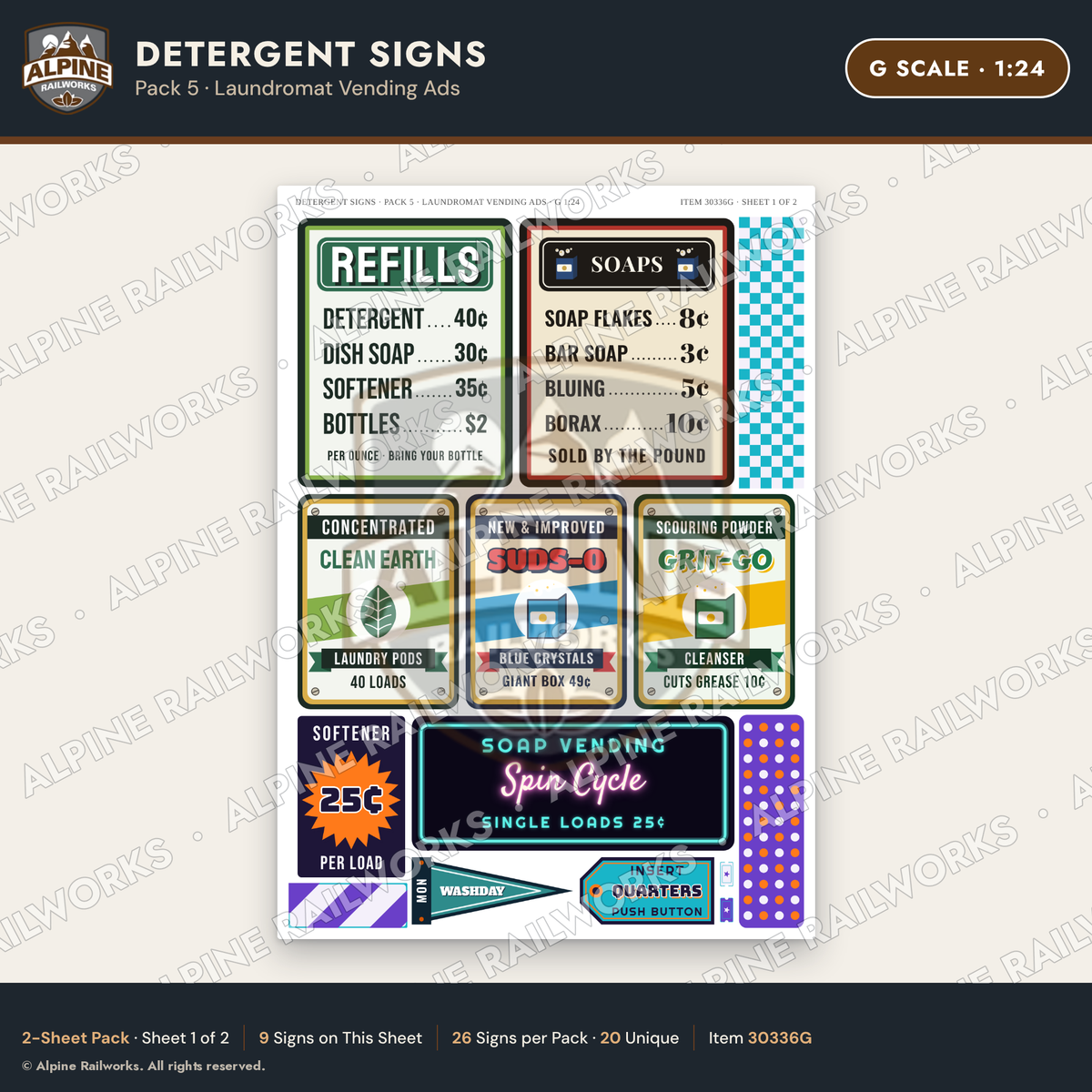 Alpine Railworks 30336G G Scale Detergent Signs