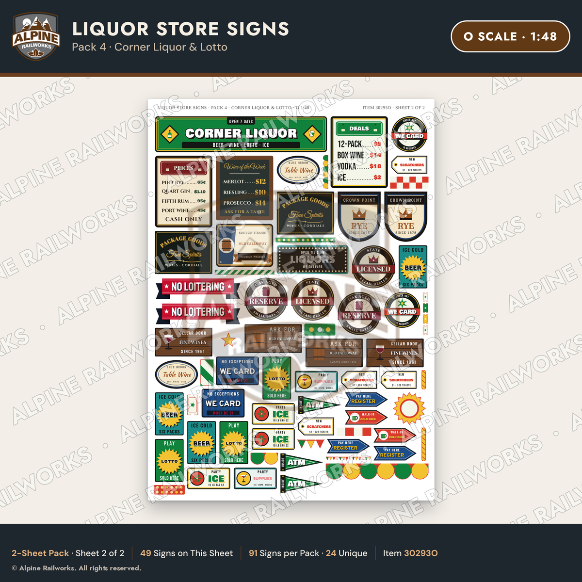 Alpine Railworks 30293O O Scale Liquor Store Signs - Corner Liquor