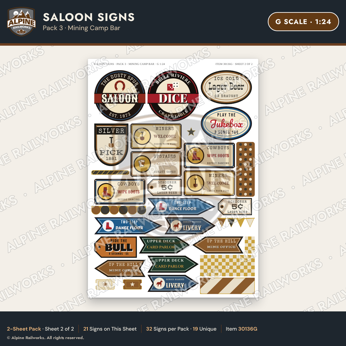 Alpine Railworks 30136G G Scale Saloon Signs - Mining Camp Bar