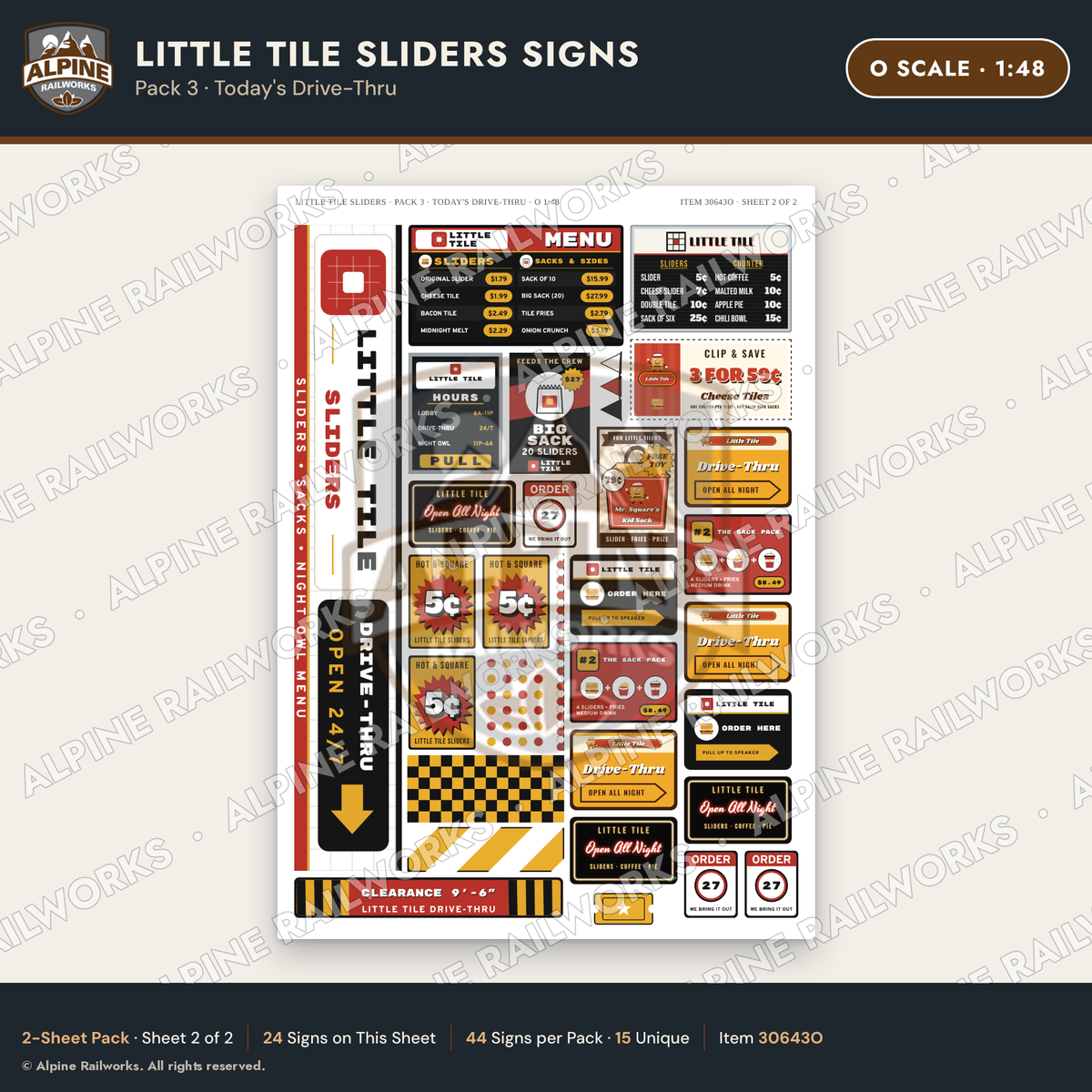 Alpine Railworks 30643O O Scale Fast Food Signs - Slider Burgers