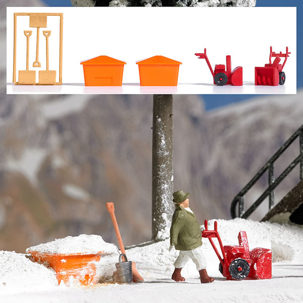 Busch 8058 N Scale Winter Snow Equipment - 2 Snowblowers, 3 Shovels, 2 Salt Bins