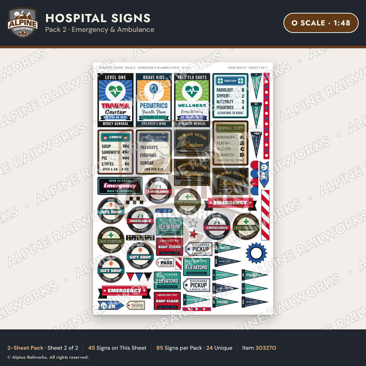 Alpine Railworks 30327O O Scale Hospital Signs - Emergency & Ambulance