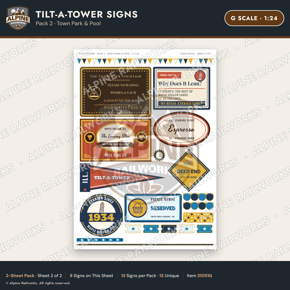 Alpine Railworks 31051G G Scale Roadside Signs - Leaning Tower