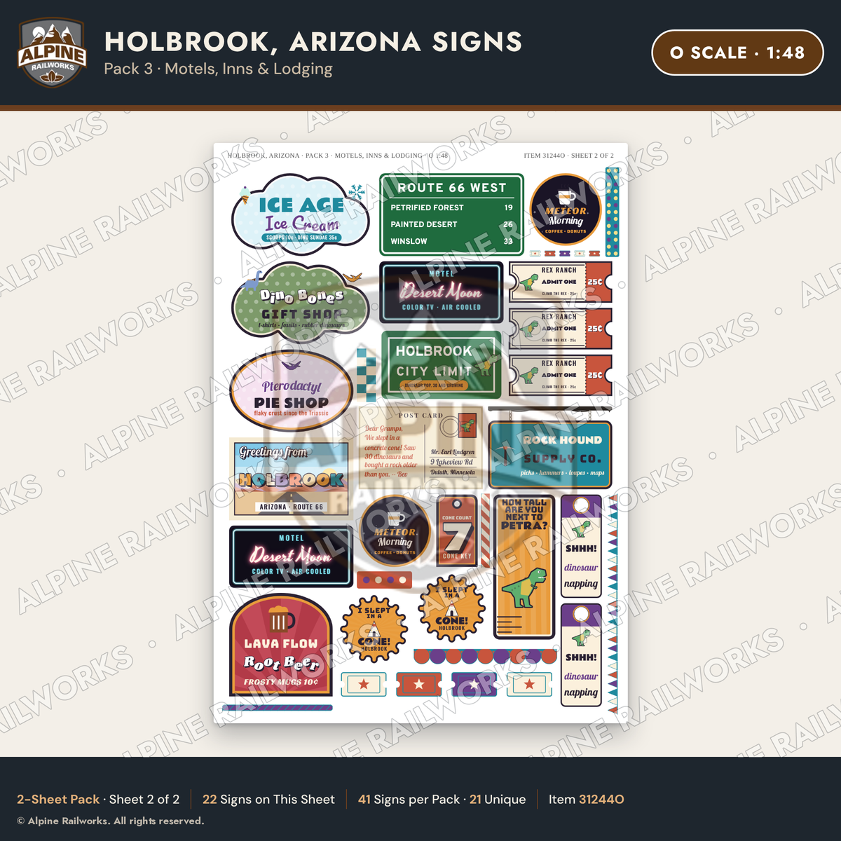 Alpine Railworks 31244O O Scale Holbrook AZ Signs - Motels & Inns