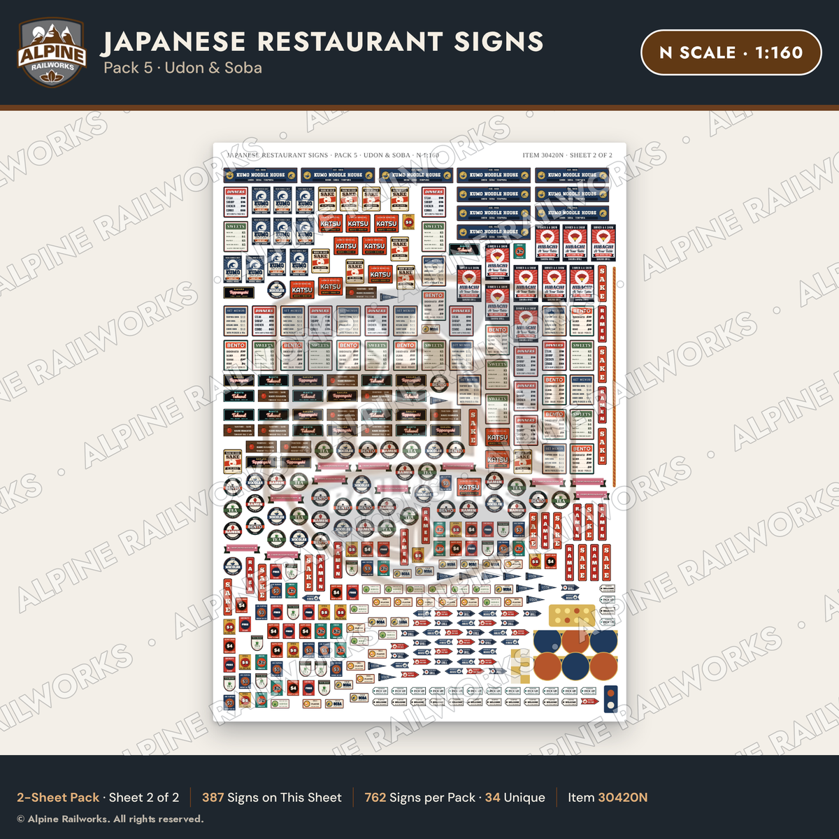 Alpine Railworks 30420N N Scale Japanese Restaurant Signs - Udon