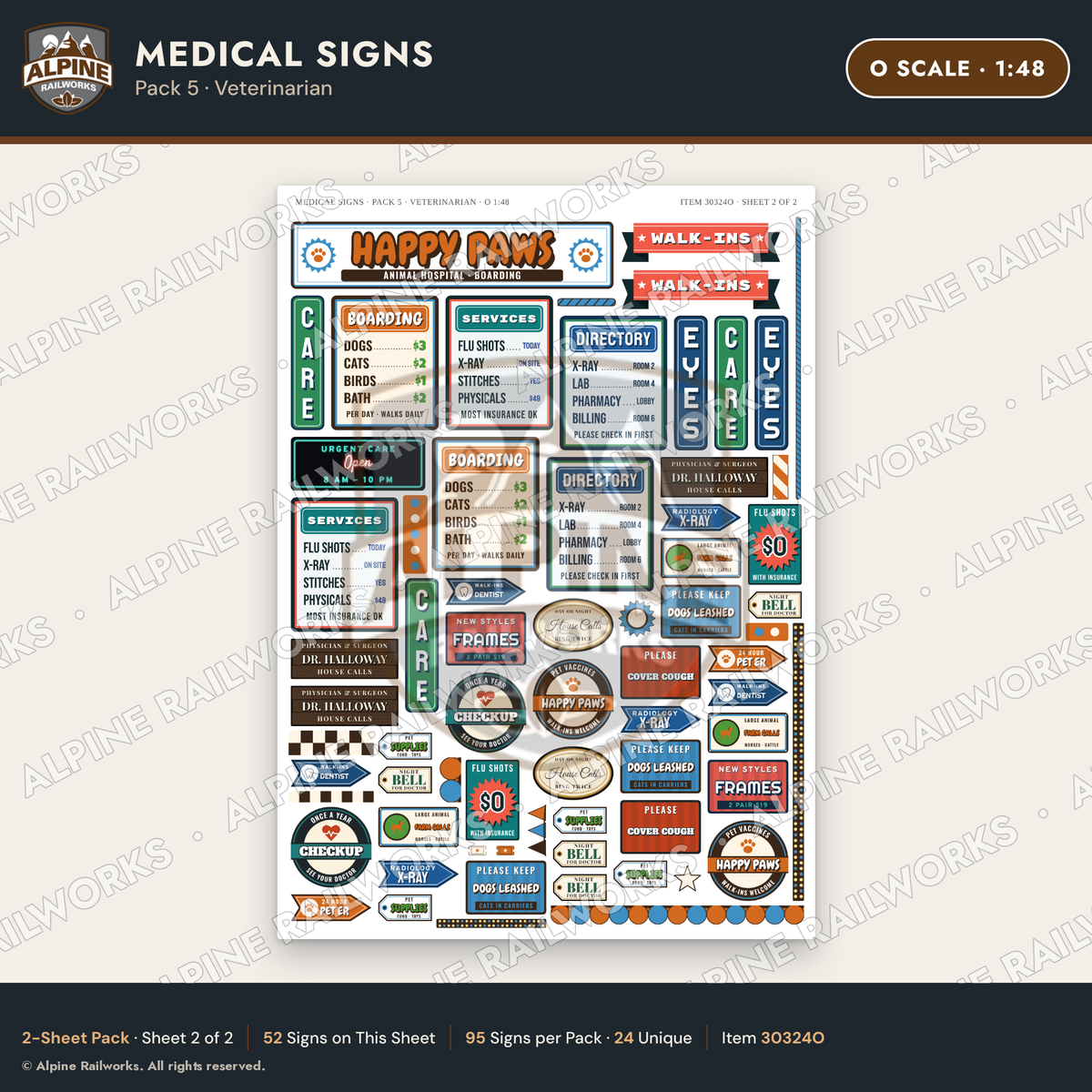 Alpine Railworks 30324O O Scale Medical Signs - Veterinarian
