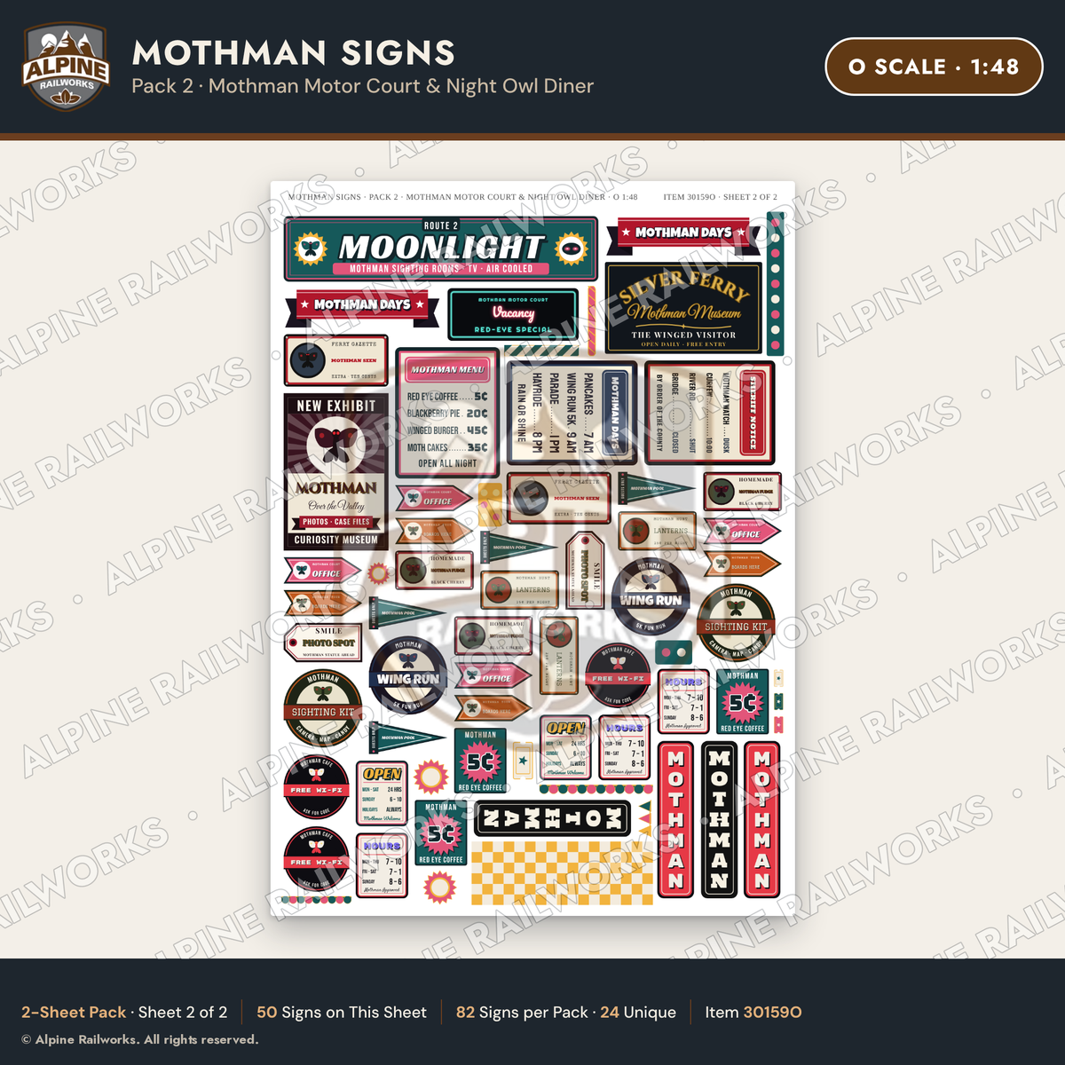 Alpine Railworks 30159O O Scale Mothman Signs - Mothman Motor Court